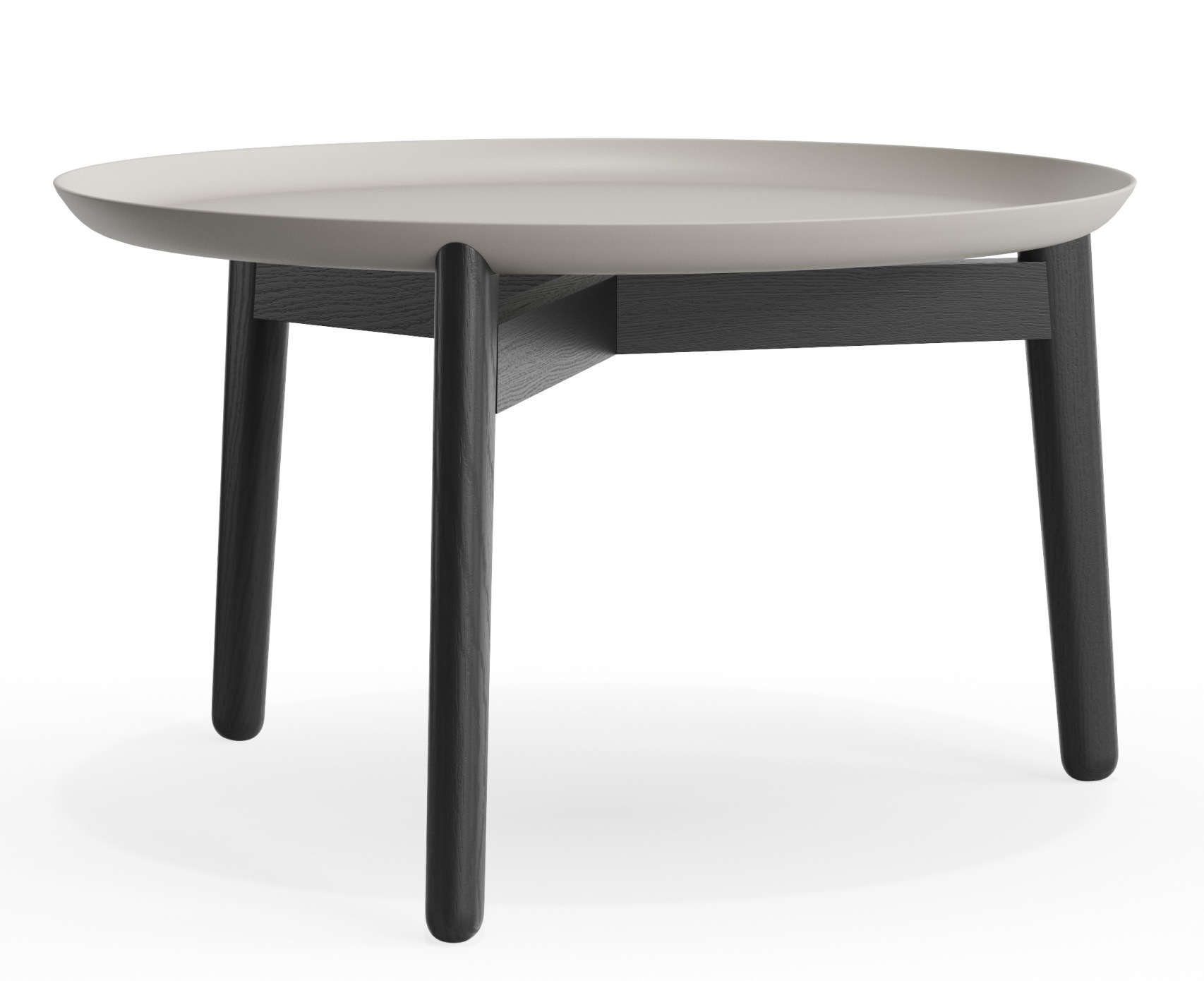 Plaisir 2 Aluminium Beistelltisch von Zeitraum, runder Couchtisch mit grauem Tablett und schwarzen Holzbeinen.