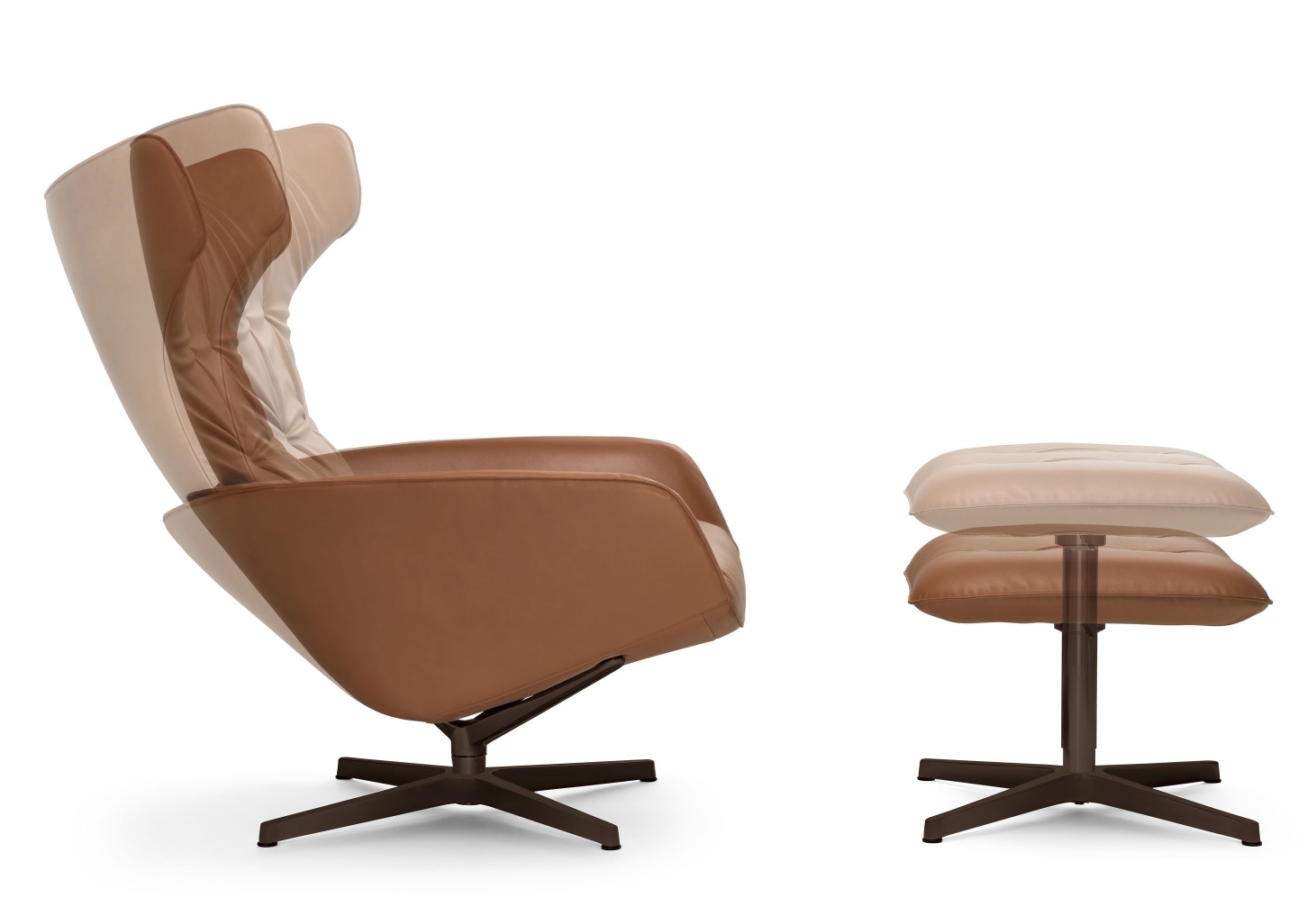 Onsa Chair Sessel von Walter Knoll mit passendem Hocker, braunes Leder, modernes Design.