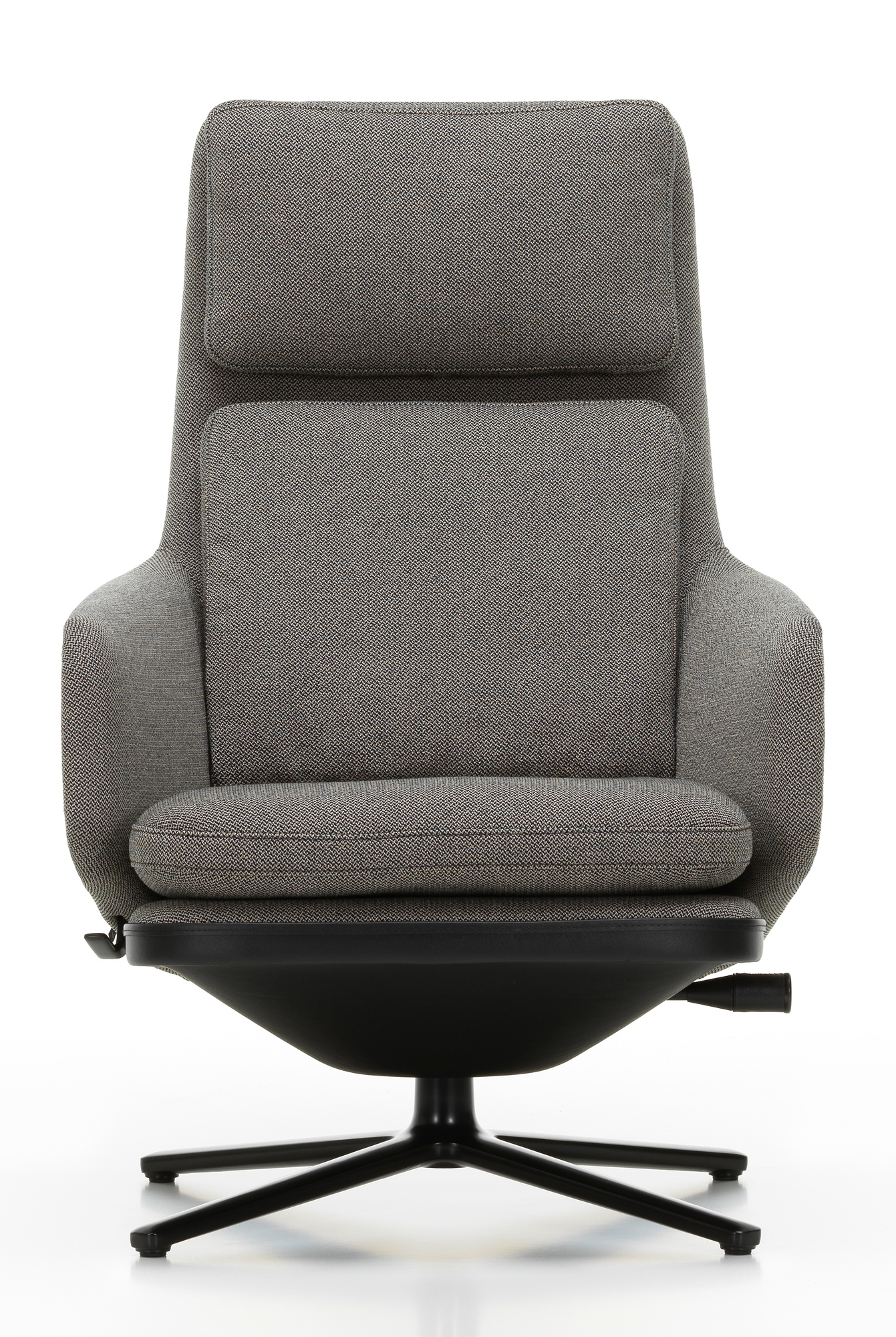 Vitra Grand Relax Sessel, grauer Stoffbezug, hoher Rückenlehne und schwarzem Drehfuß, Frontansicht.