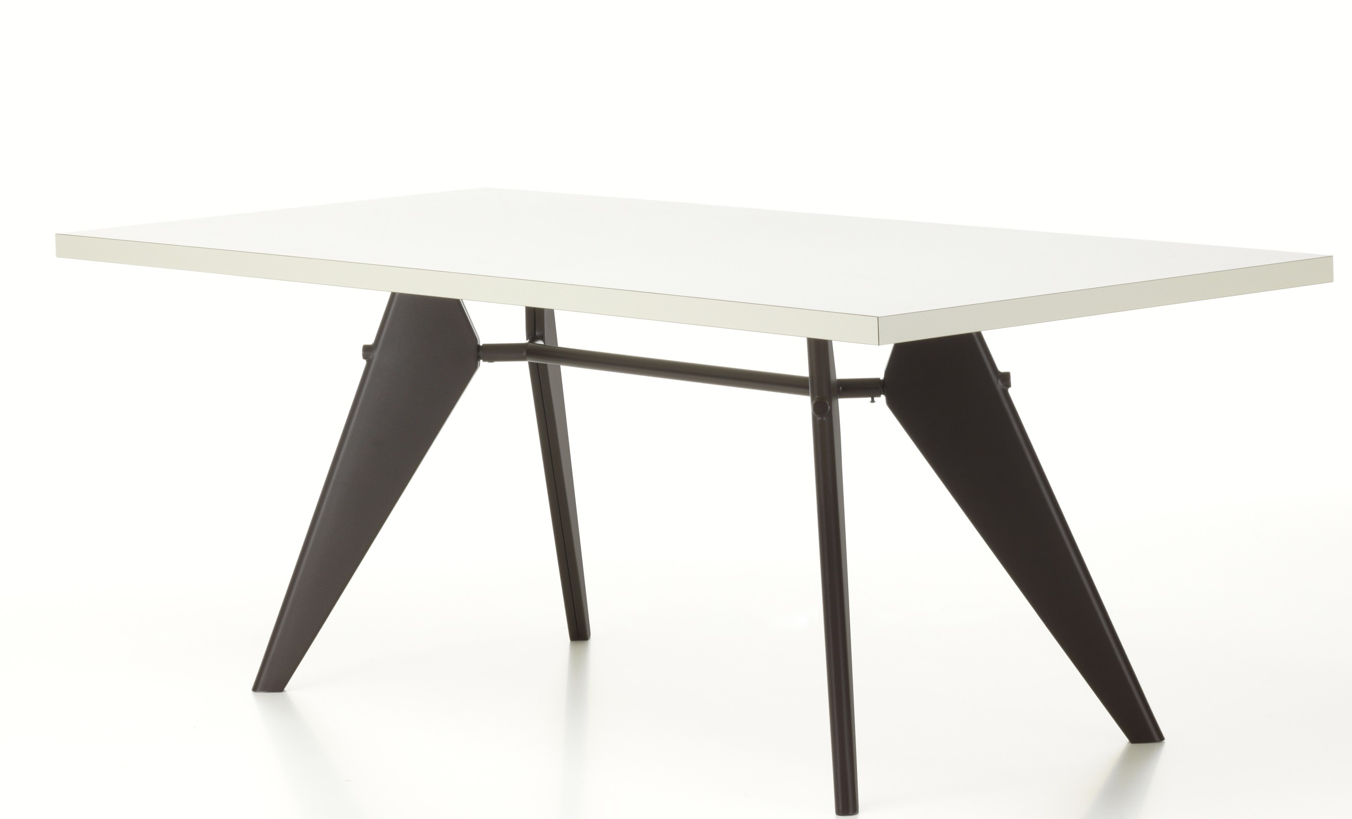 Vitra EM Table mit weißer HPL-Tischplatte und dunklem Untergestell, ideal für Esszimmer und Büro.
