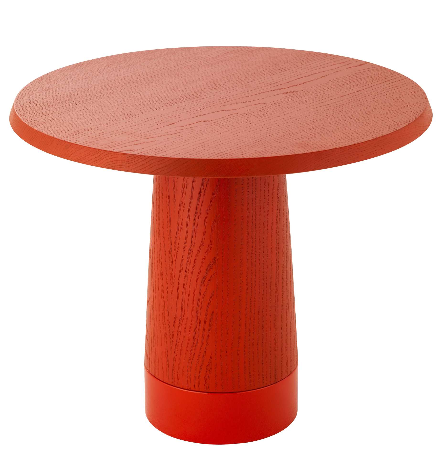 Amanita Beistelltisch von Schönbuch, orangefarbener Holztisch mit runder Tischplatte und zylindrischem Fuß für Wohnzimmer.