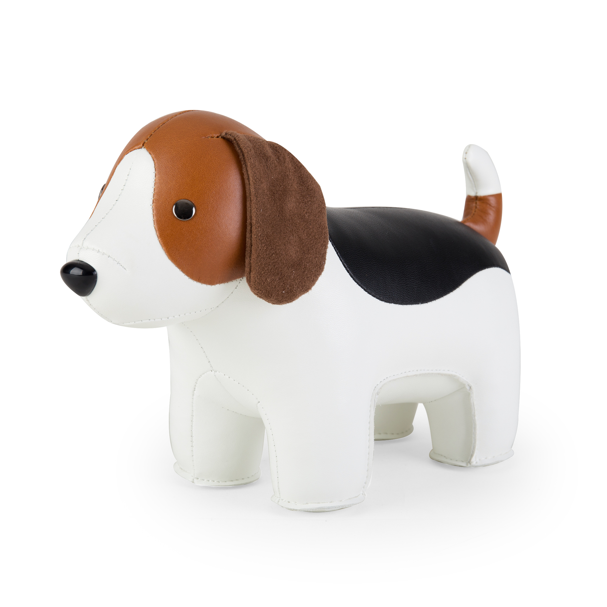 Buchstütze in Hundeform: Züny Beagle, weiß und braun, dekorative Buchstütze für Bücherregale.