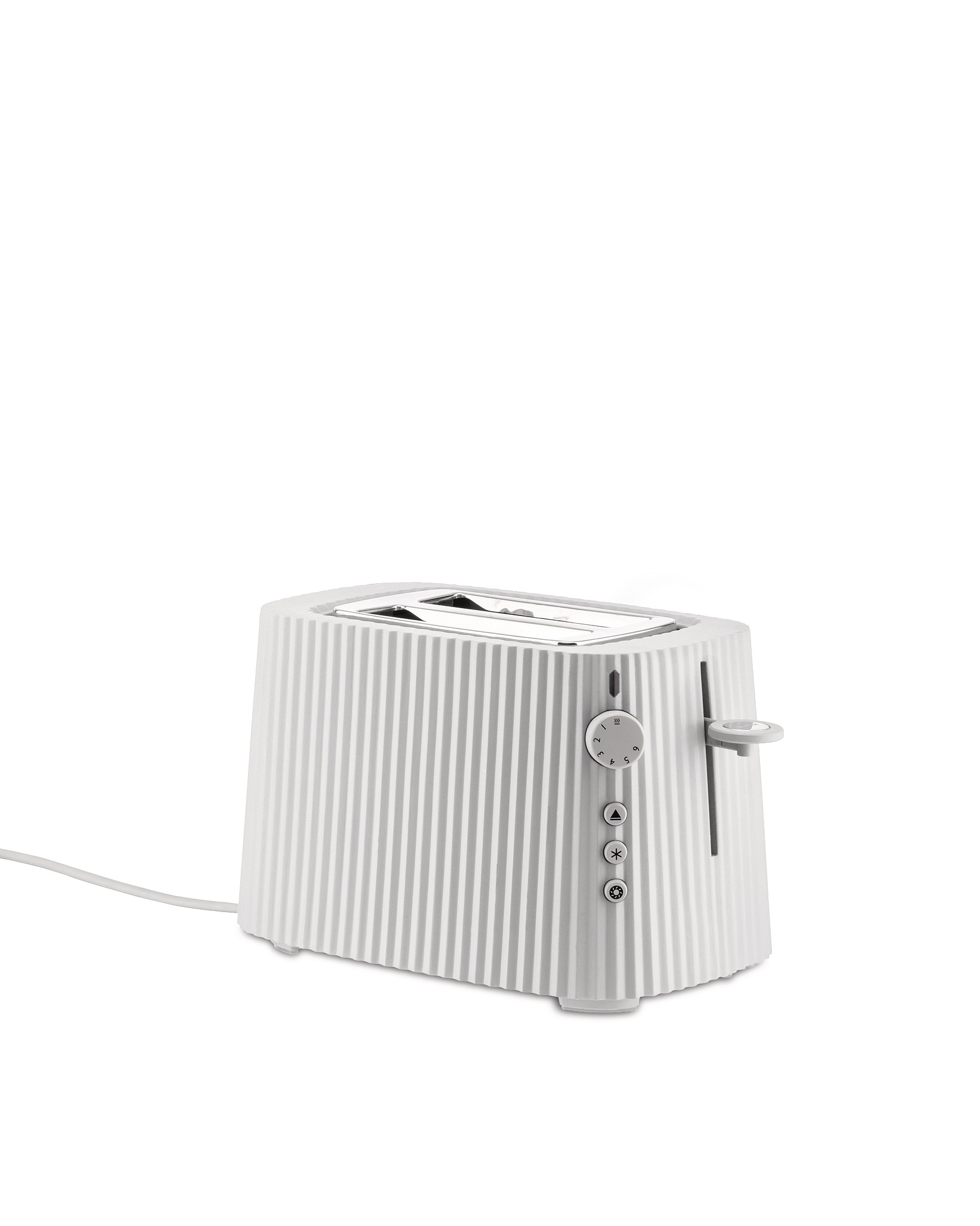 Weißer Alessi Plissé Toaster MDL08 B mit Rillenstruktur, Detailaufnahme für E-Commerce.
