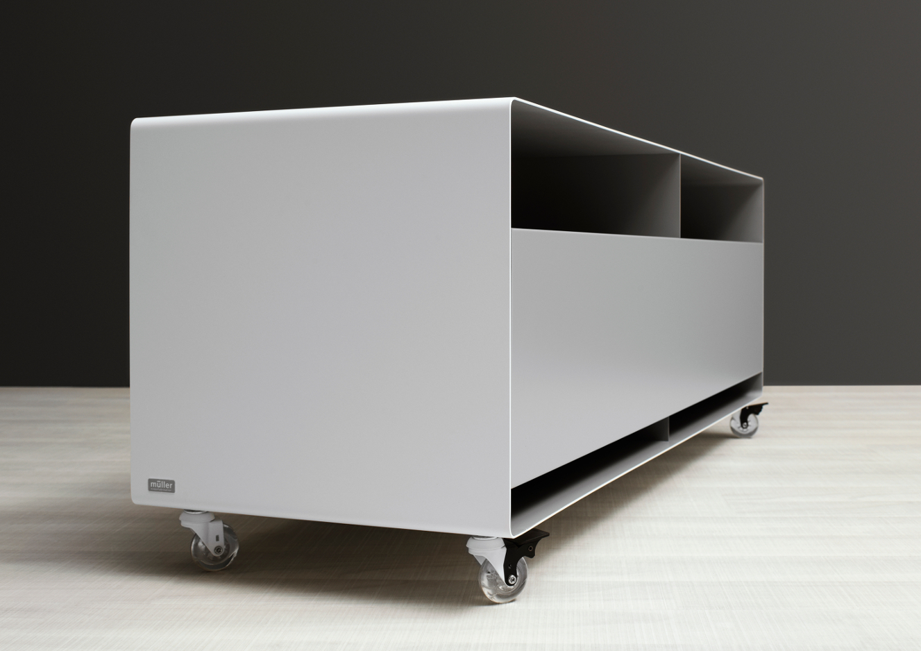 R 108N Mobile Line Sideboard von Müller Möbelfabrikation, modernes, graues Rollcontainer Sideboard mit offenen Fächern.