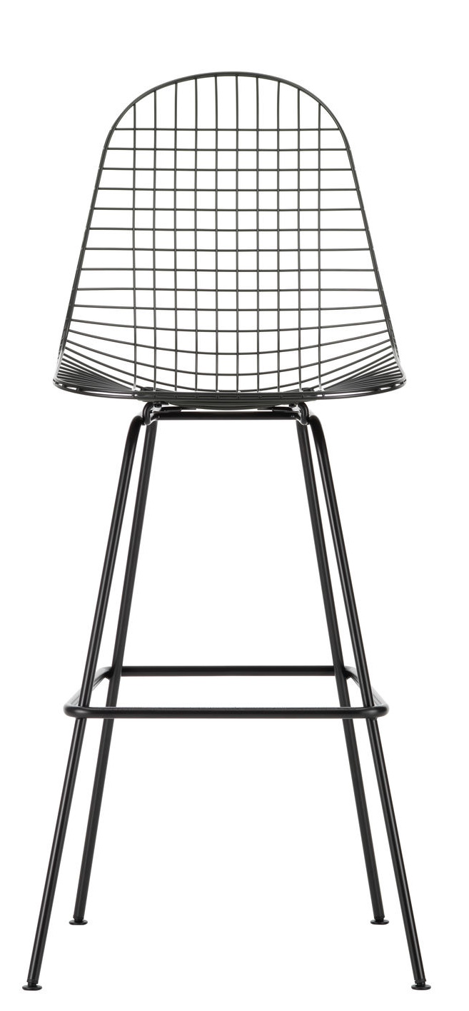 Schwarzer Eames Wire Bar Stool Barhocker High von Vitra mit filigranem Drahtgestell und Fußstütze.