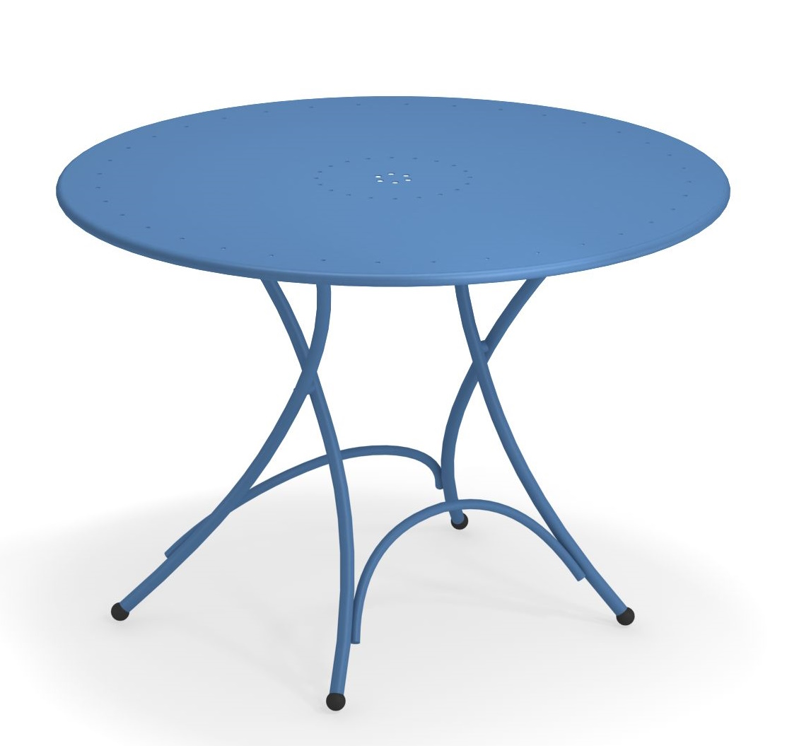 Blauer Pigalle Klapptisch von Emu für den Garten oder die Terrasse, runde Tischplatte.