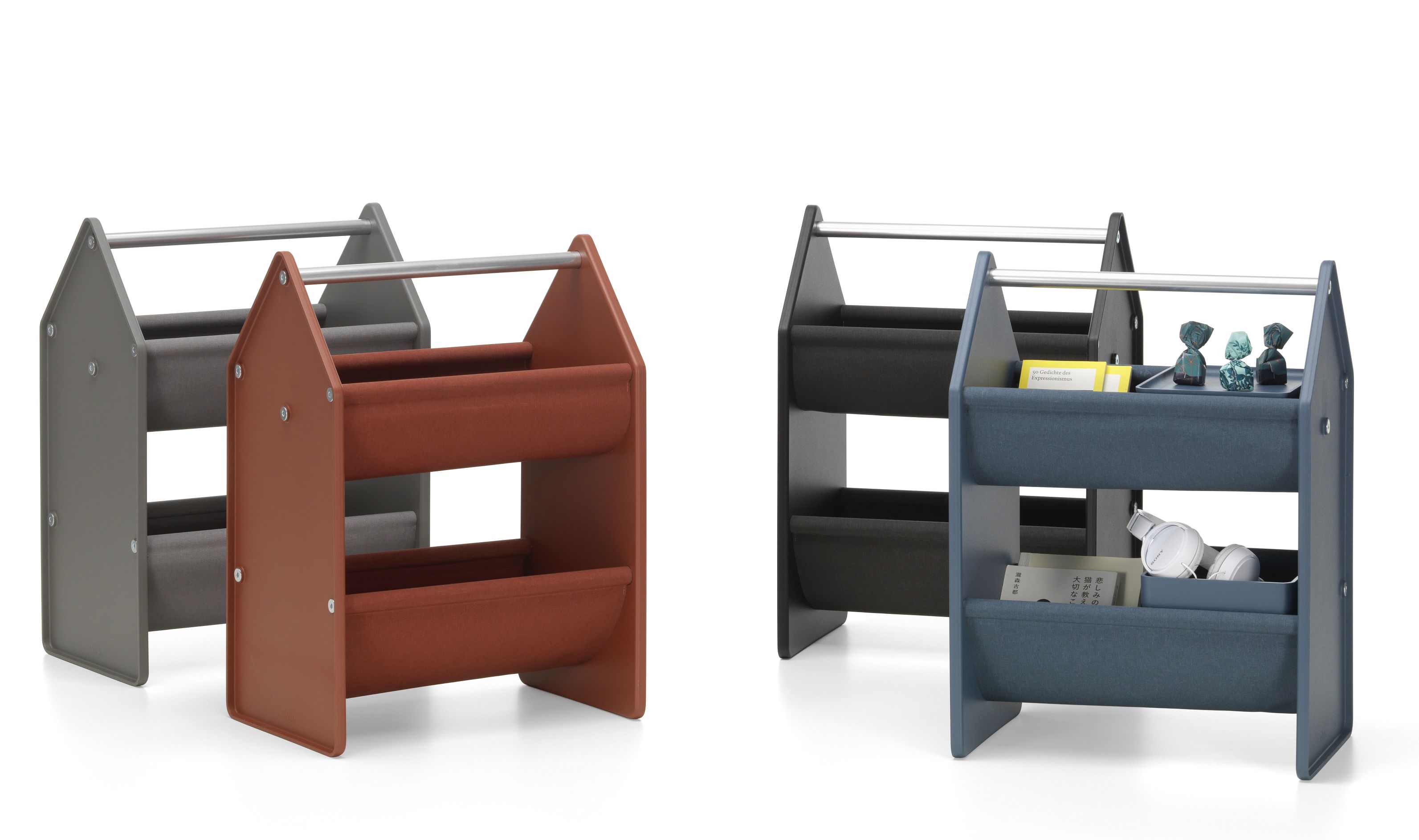 Vitra Drop Box Aufbewahrungsboxen in Grau, Braun und Blau, moderne Aufbewahrungslösung für Büro und Zuhause.