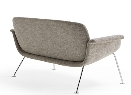 Rückansicht des KN05 Zweisitzer Sofas von Knoll International mit grauem Stoffbezug und verchromten Beinen.