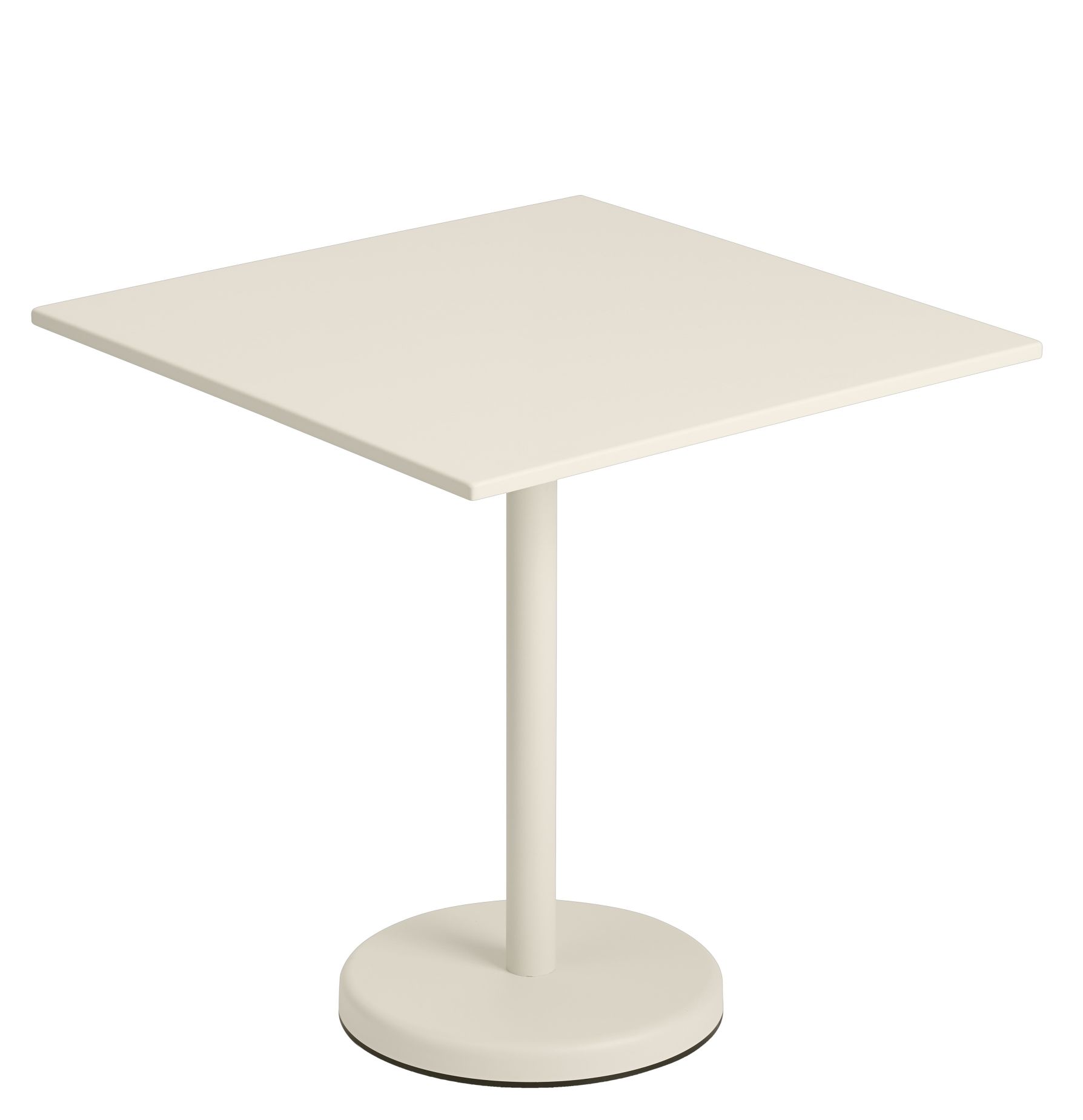 Muuto Linear Steel Cafétisch für den Außenbereich, quadratische Tischplatte in gebrochenem Weiß, minimalistisches Design.
