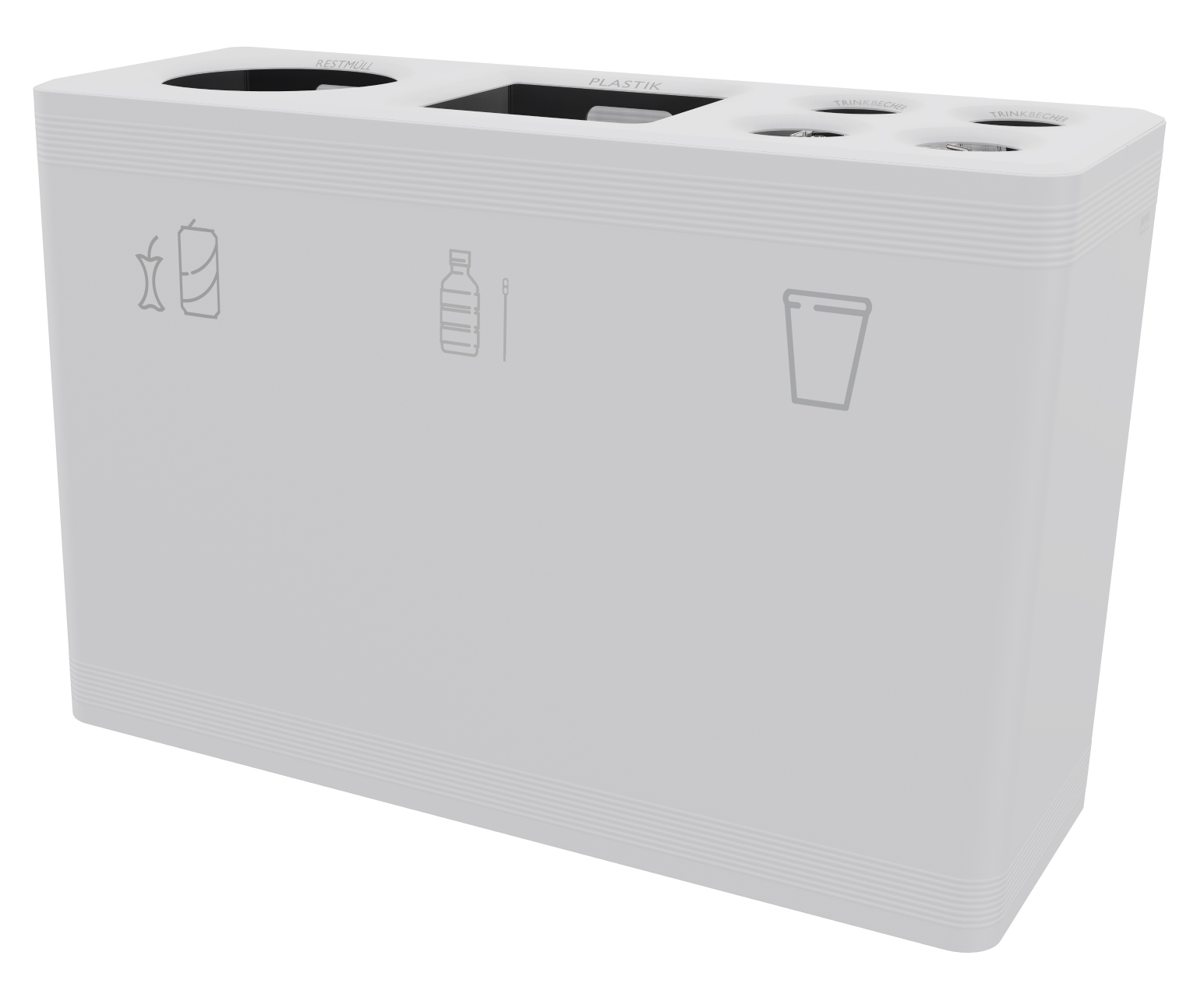 Weißes Ditch 3 Abfalltrennsystem Functionals für Restmüll, Plastik und Trinkbecher mit entsprechenden Symbolen zur Mülltrennung.