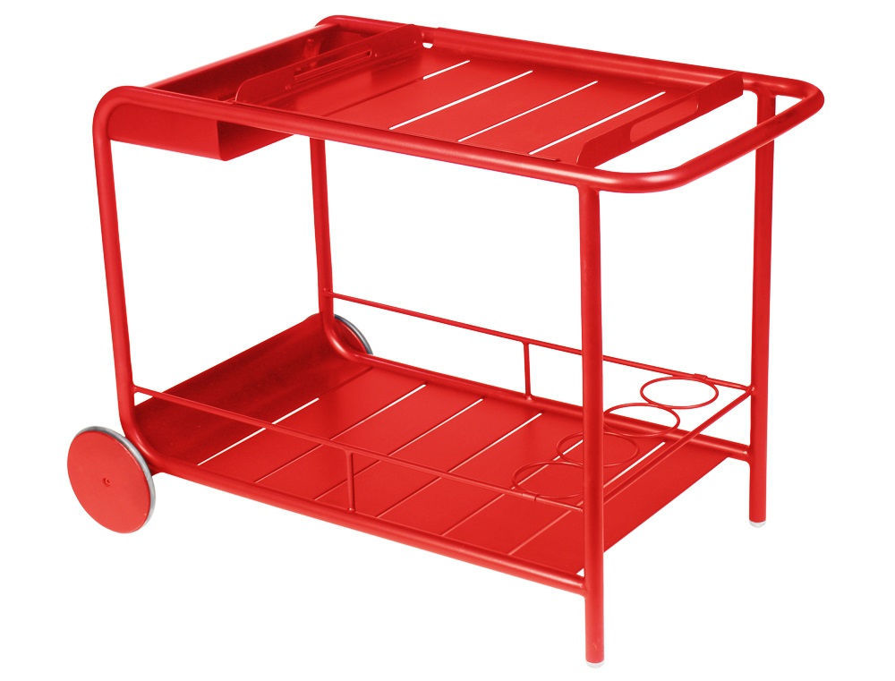 Roter Luxembourg Servierwagen von Fermob für den Außenbereich mit zwei Ablageflächen und Rollen.