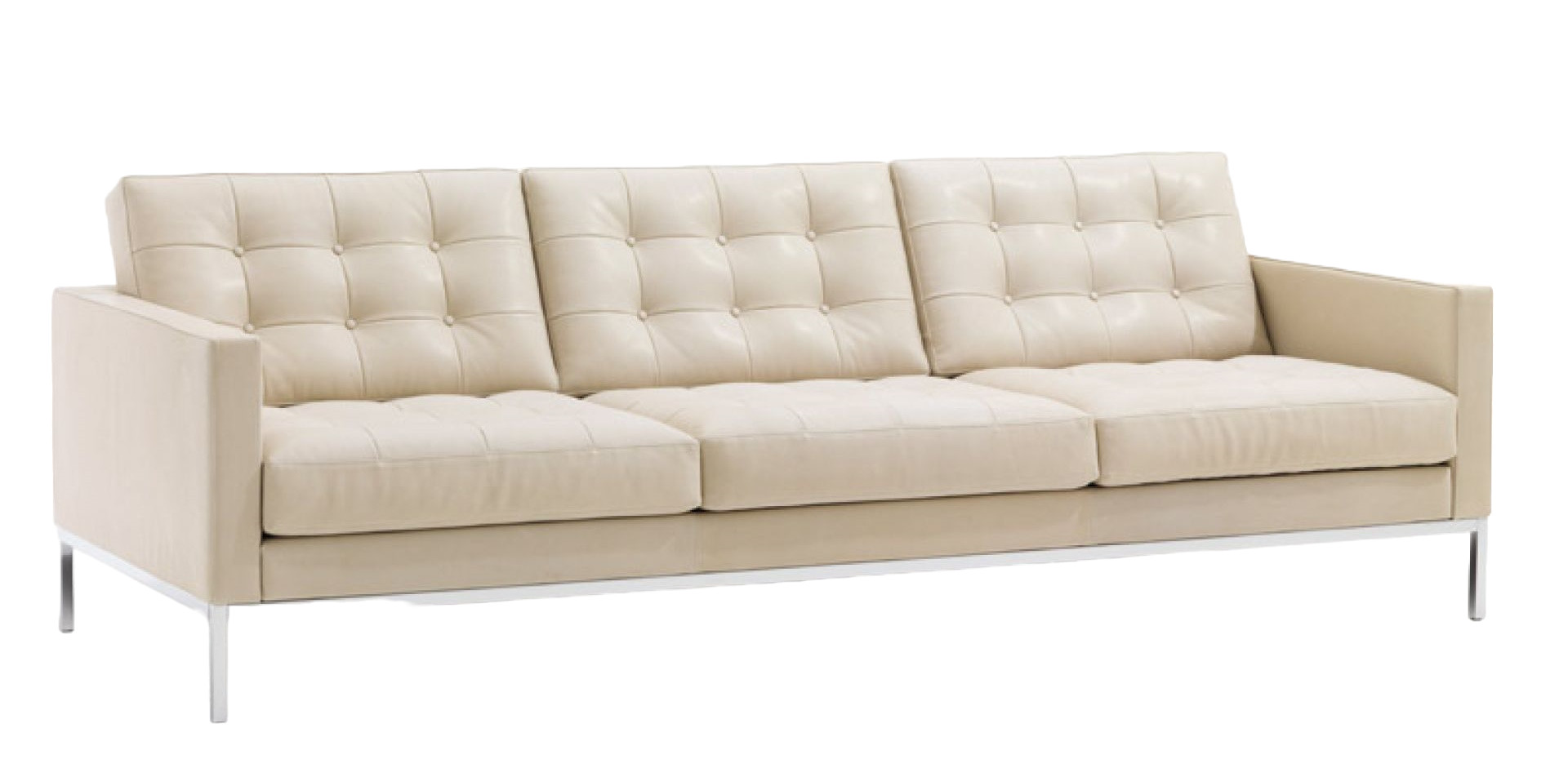Florence Knoll RELAX Sofa in Cremeleder mit Knopfheftung und filigranem Metallgestell.