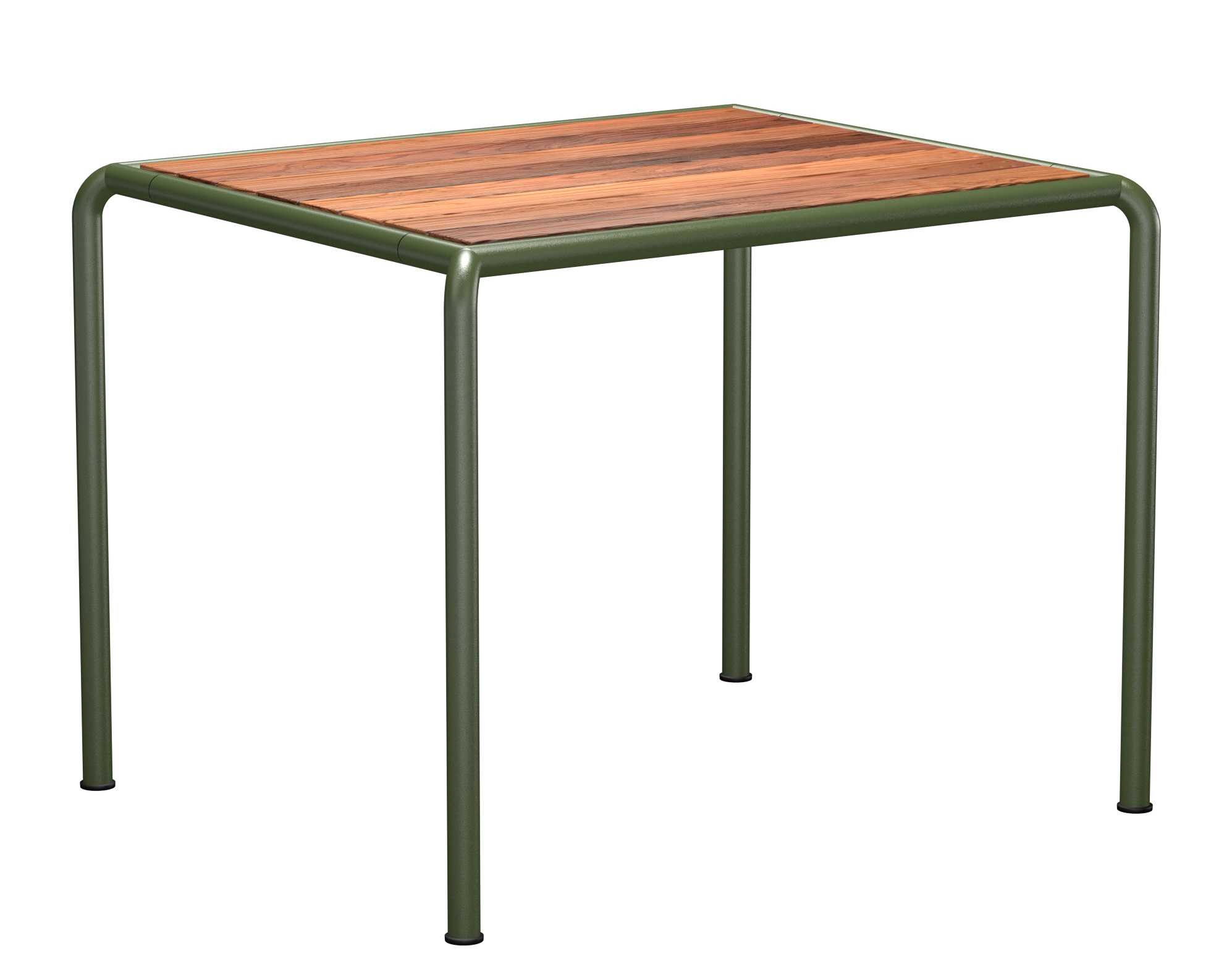 Avanti Esstisch von Houe für den Außenbereich mit quadratischer Holzplatte und grünem Metallgestell.