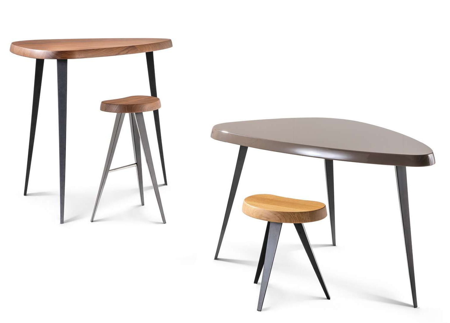 Cassina Mexique Tisch-Set: Couchtisch und Esstisch mit Holzplatte und passendem Hocker, modernes Design.