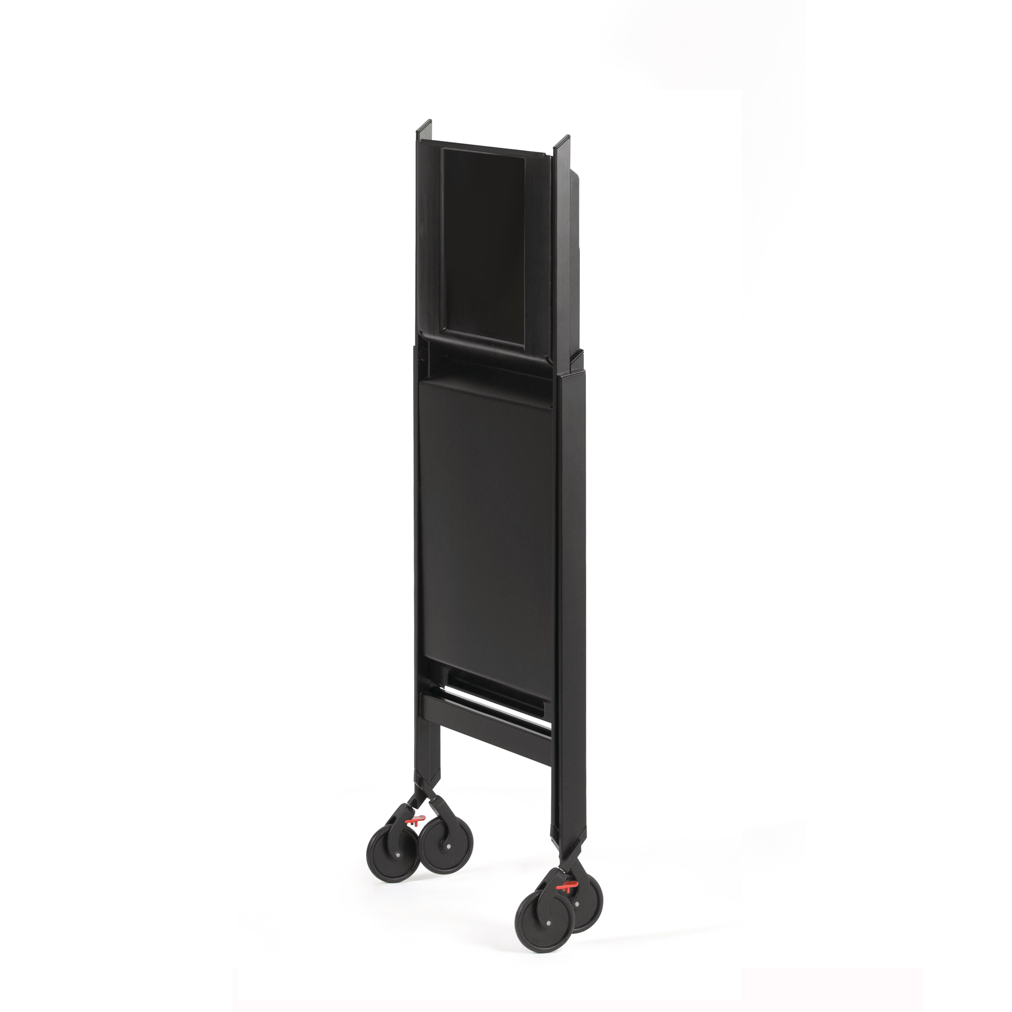 Zusammengeklappter RS11 Servierwagen von Alessi, ein schwarzer, minimalistischer Küchenwagen mit Rollen.