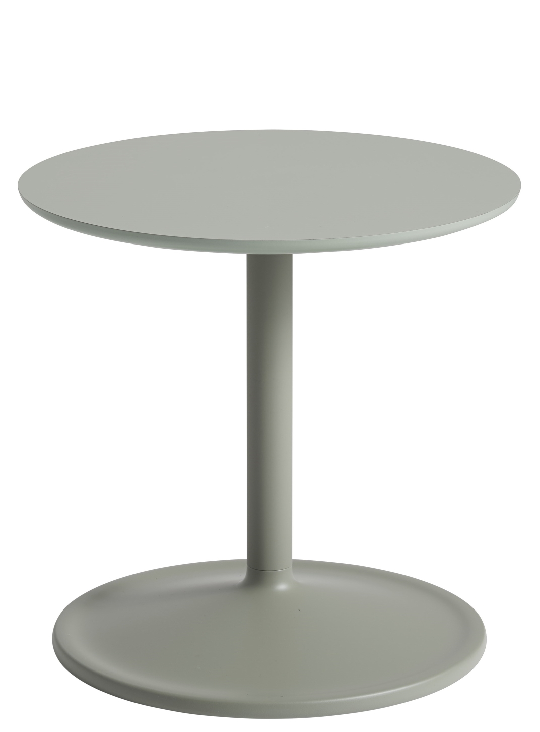 Muuto Soft Side Table Beistelltisch in sanftem Grau, modernes Design mit runder Tischplatte und Fuß.