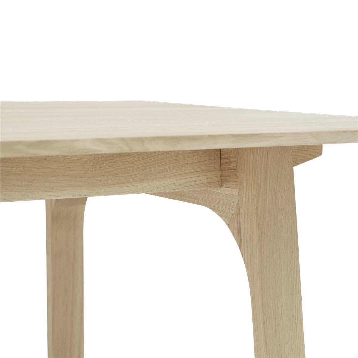 Detailaufnahme des Muuto Earnest Esstischs: Ausziehbarer Holztisch mit hellen Holzbeinen und Tischplatte.