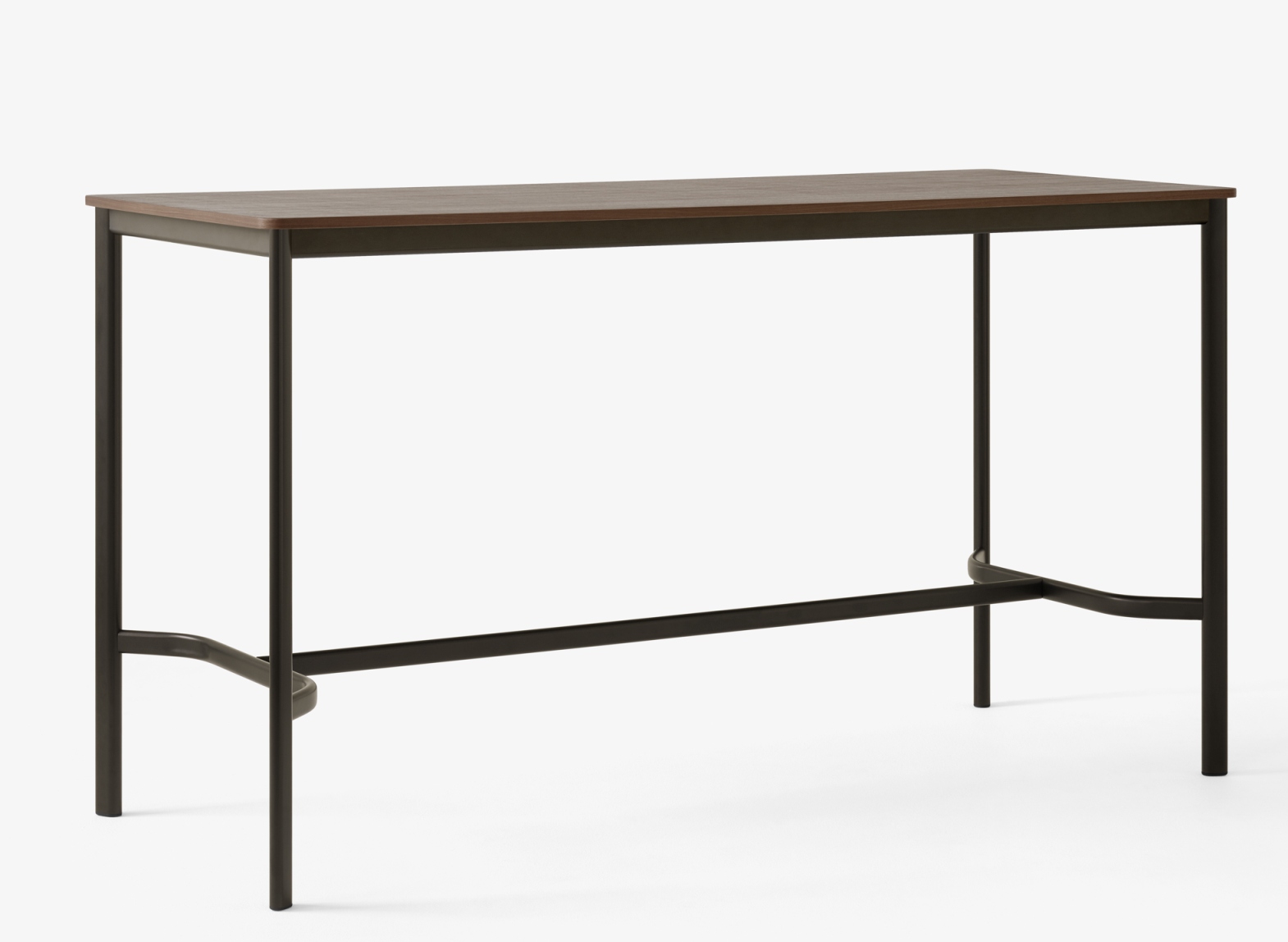 AndTradition Drip High Table Stehtisch mit dunkler Holzplatte und schwarzem Metallgestell.