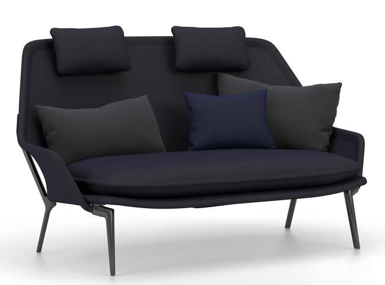 Slow Sofa von Vitra, modernes Stoffsofa in Dunkelblau mit Kissen, bequemes Design für Wohnzimmer.