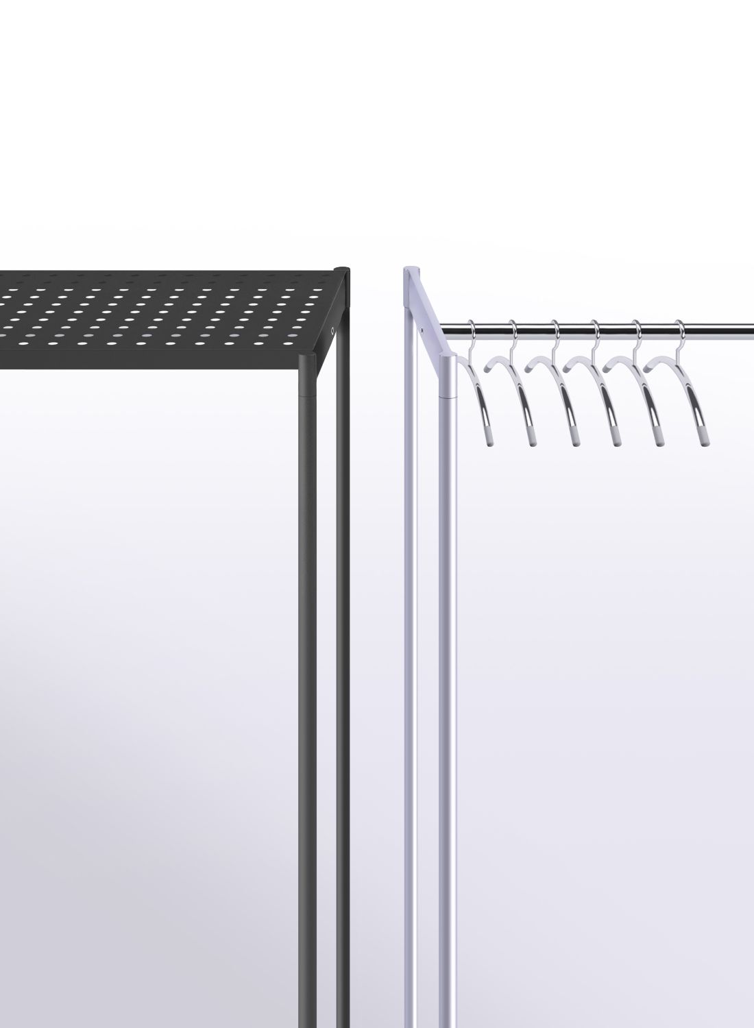 Detailansicht: Rexite Kleiderständer mit Ablage und Kleiderbügeln, modernes Design für Büro und Zuhause.