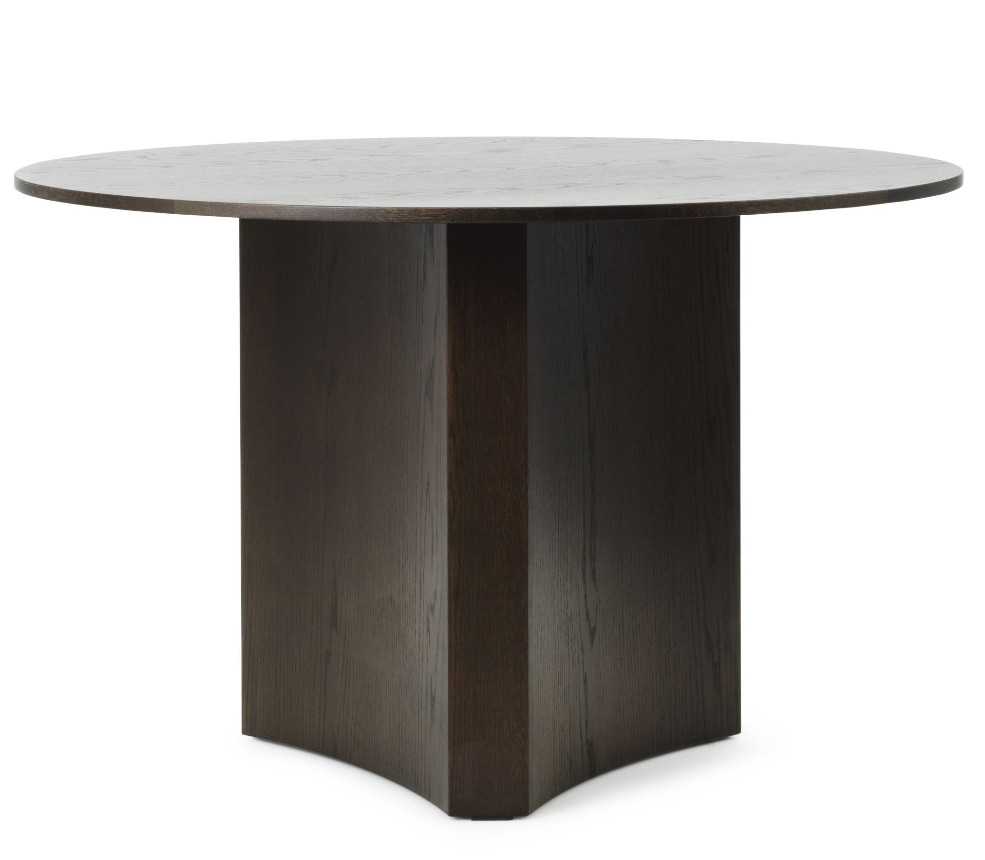 Bue Table Esstisch von Normann Copenhagen, runder Holztisch mit dunkler Holzoberfläche und massivem Mittelfuß.
