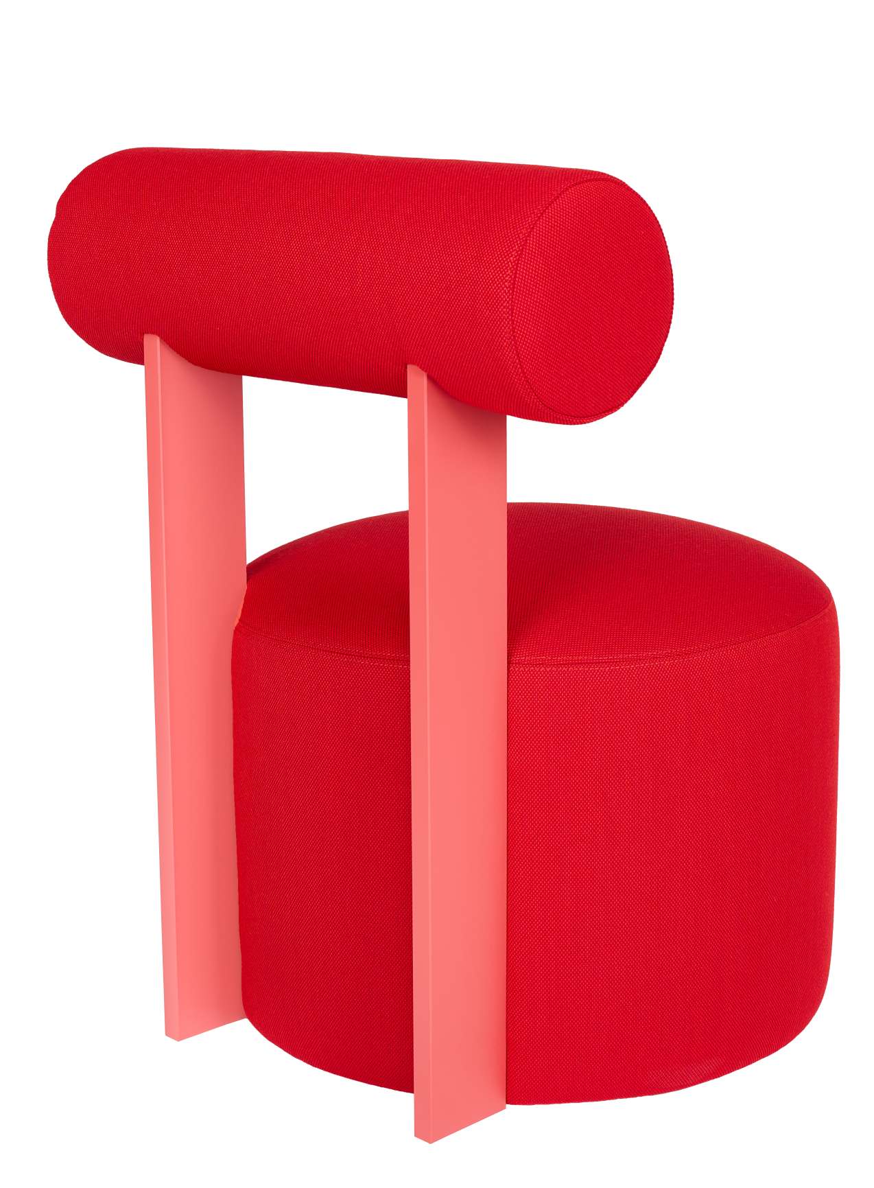 Faye Hocker von Schönbuch, roter, runder Sitzhocker mit Rückenlehne und rosafarbenen Beinen, modernes Design.