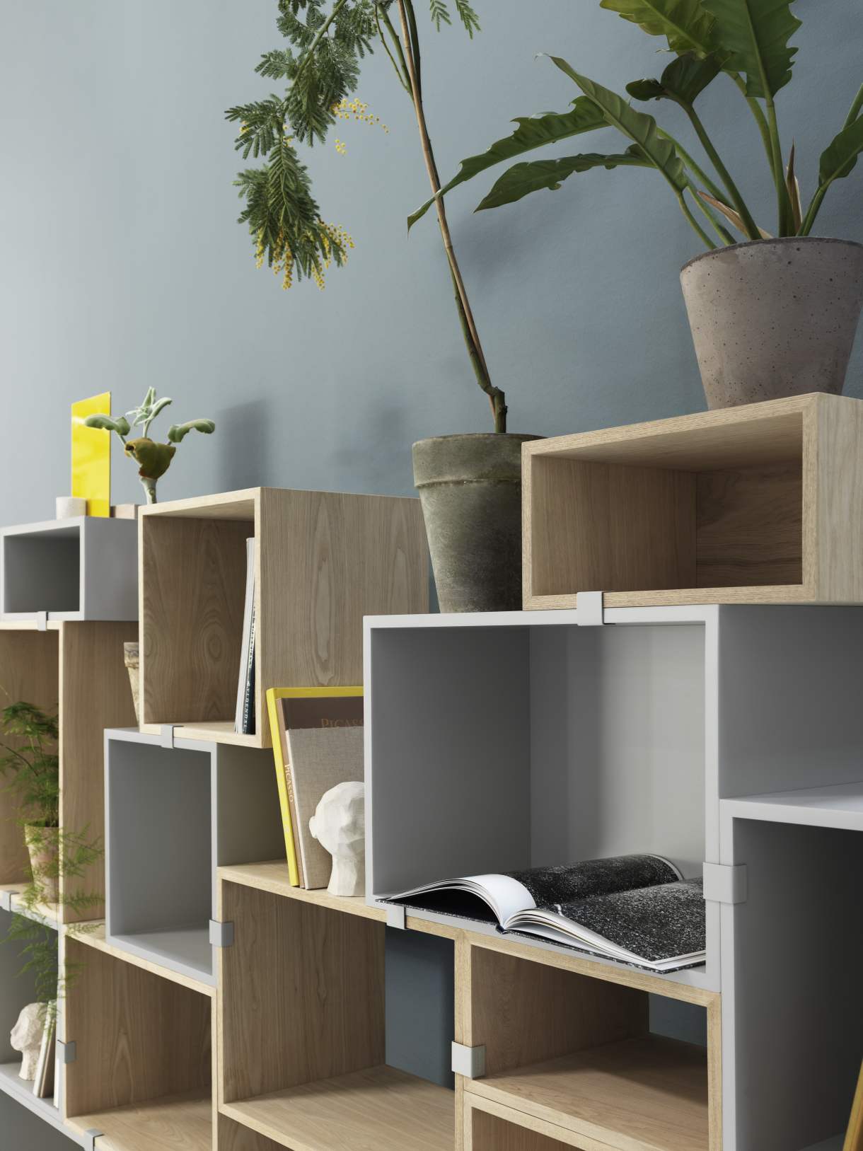 Muuto Stacked Regalsystem 2.0 in Grau und Holz mit Pflanzen und Deko-Objekten.