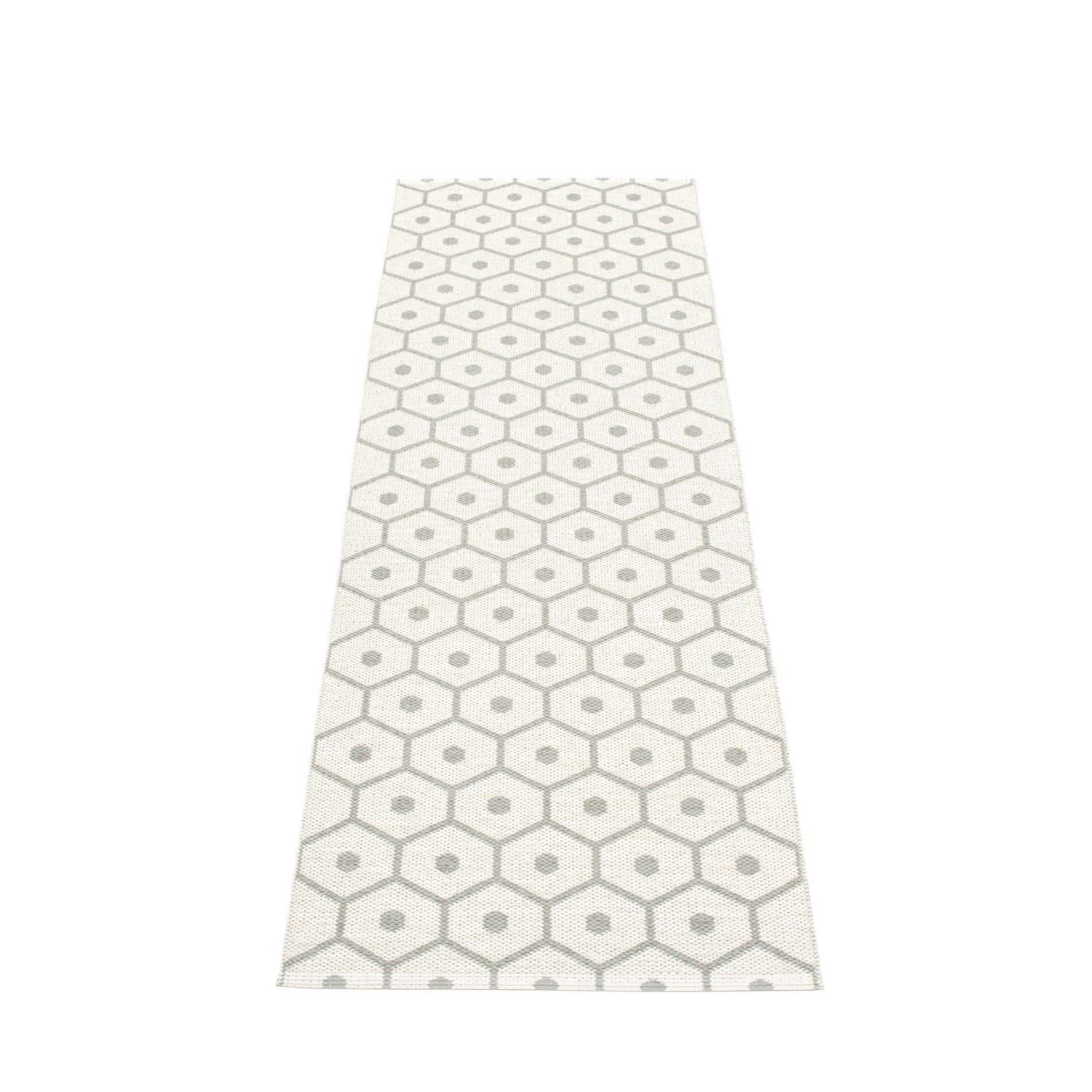 Honey Kunststoffteppich von Pappelina in Warm Grau-Vanille mit geometrischem Muster, ideal für Küche und Flur.