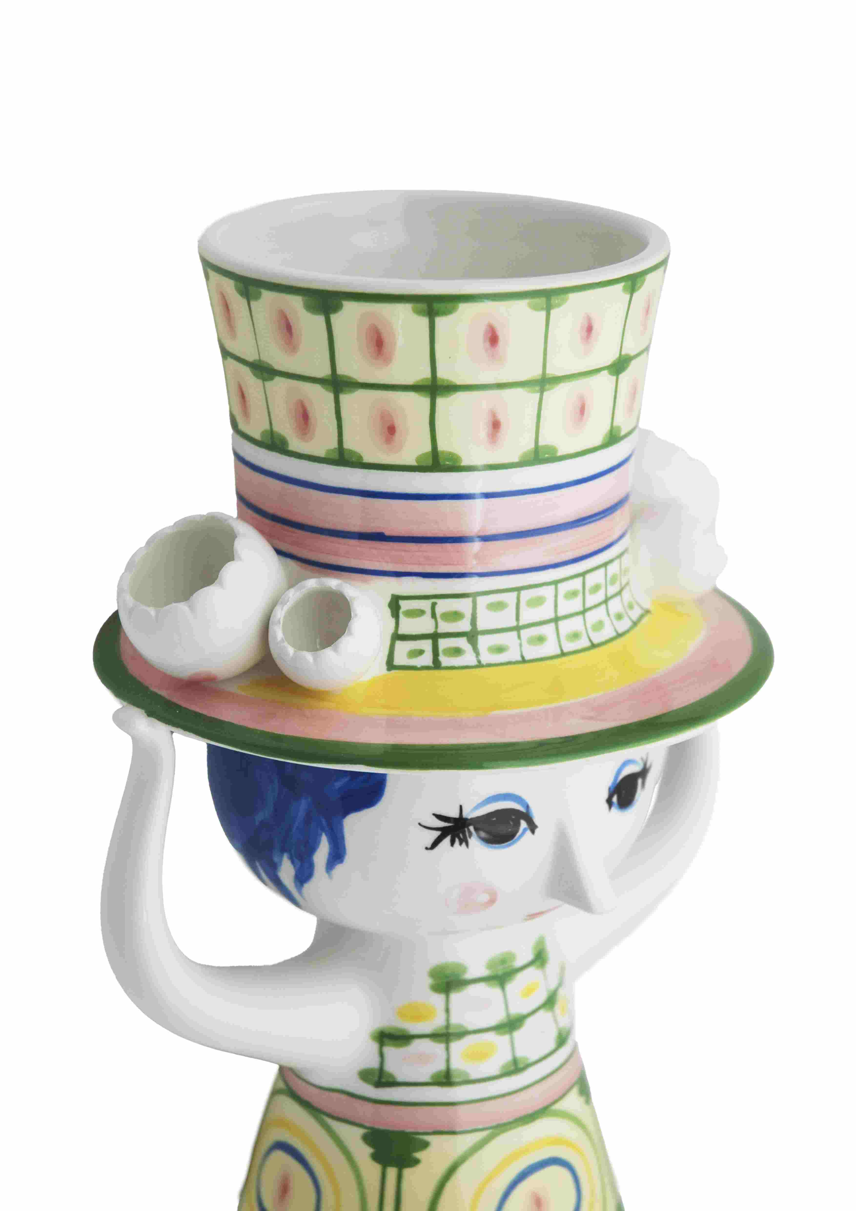 Keramikvase "Lady with Hat" von Bjorn Wiinblad, dekorative Blumenvase mit buntem Hut und Gesicht.