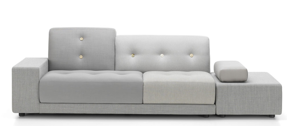 Graues Vitra Polder Sofa mit asymmetrischem Design und goldenen Knöpfen, modernes Wohnzimmermöbel für stilvolles Interieur.