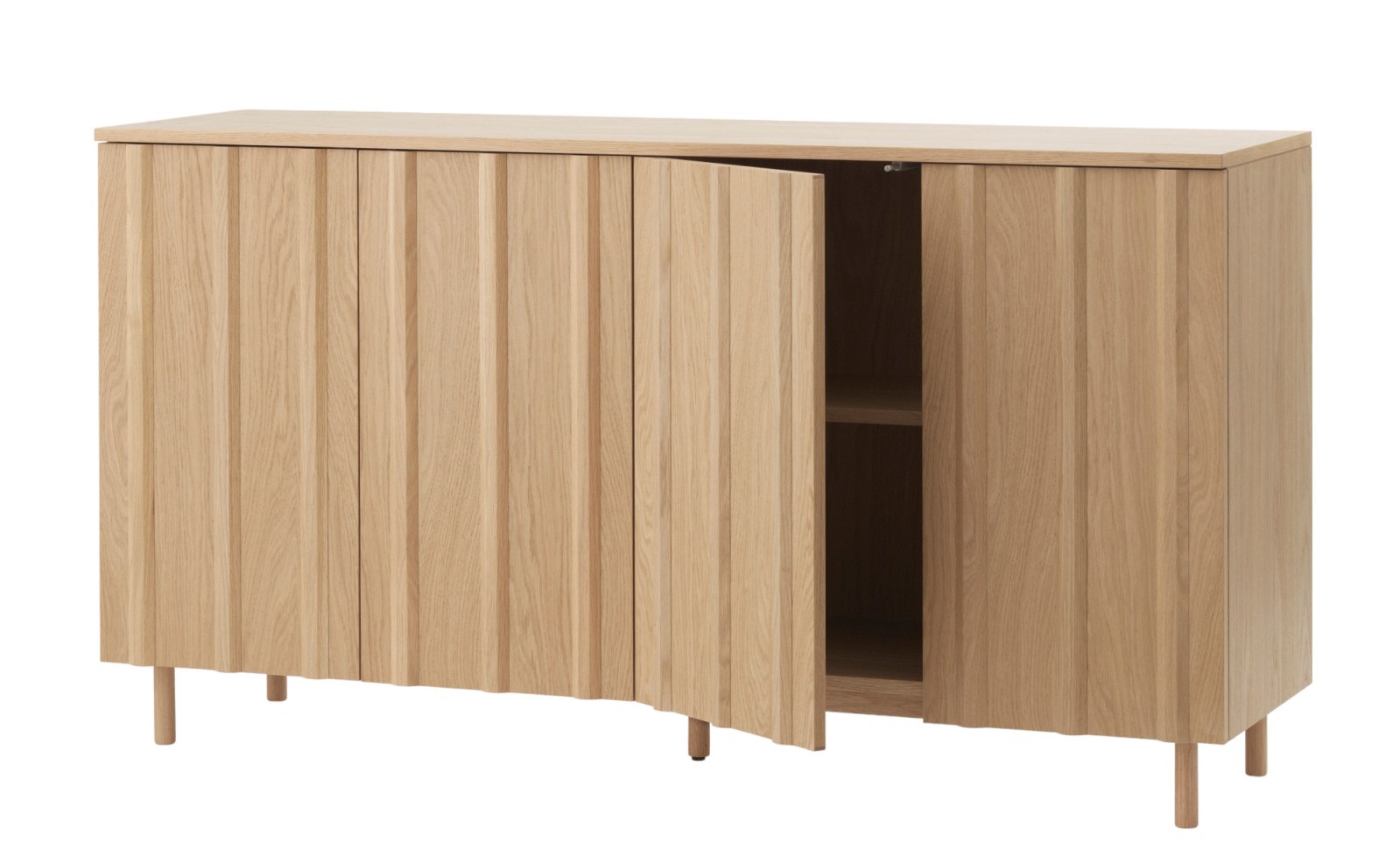 Normann Copenhagen Rib Sideboard aus Eiche, modernes Holz Sideboard mit gerippten Türen und einer offenen Tür.