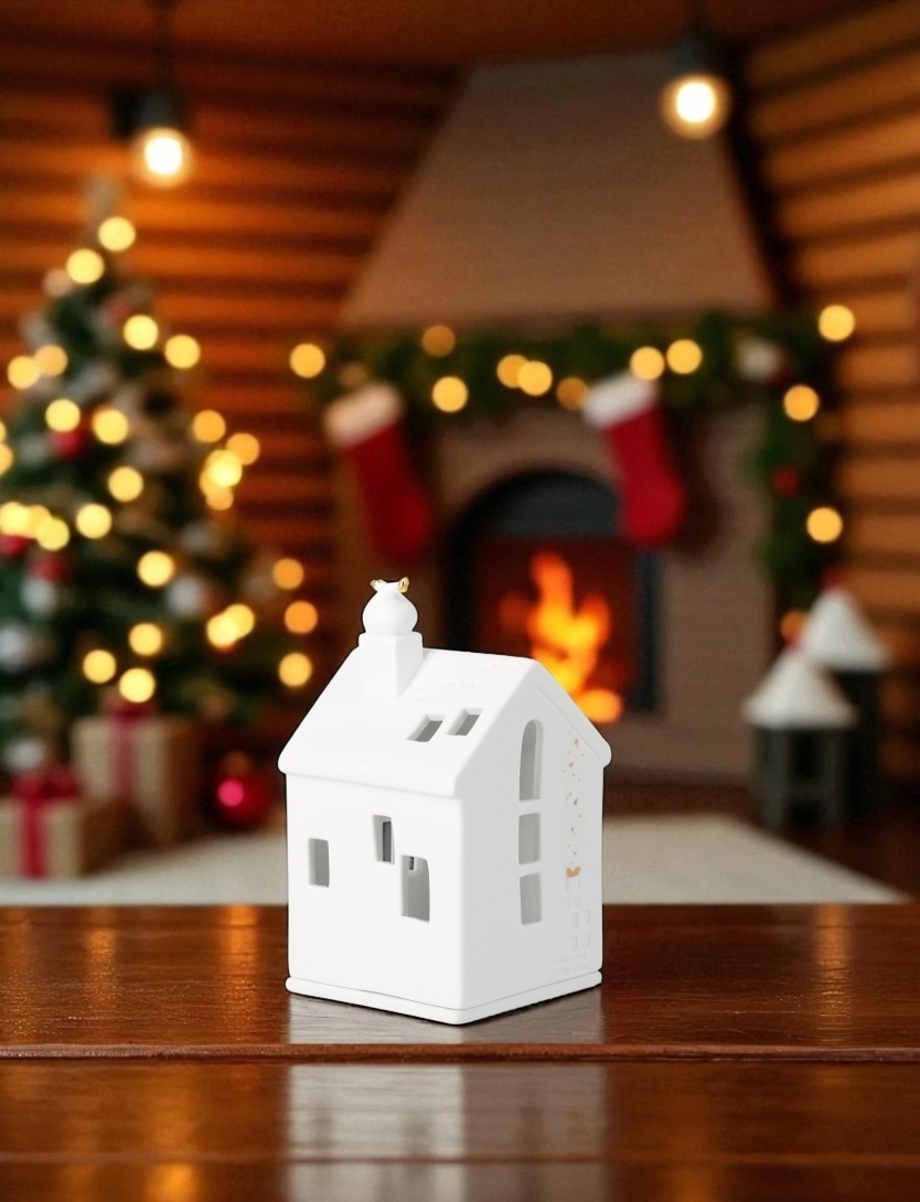 Weißes Lichthaus "Santas Füßchen" auf Holztisch, weihnachtliche Dekoration mit Baum und Kamin im Hintergrund.