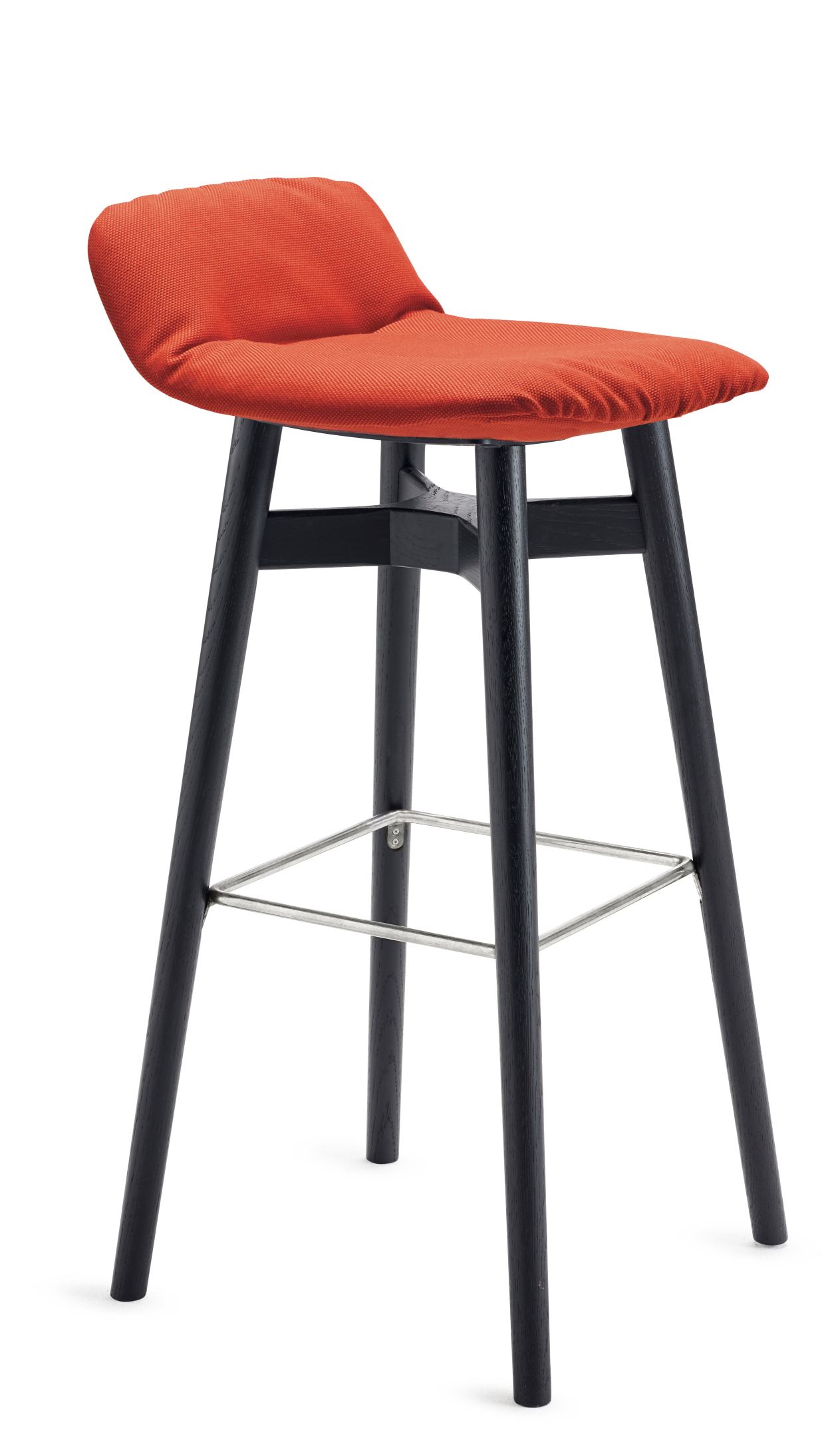Leya Barhocker mit rotem Sitzpolster und schwarzem Holzgestell, ideal für moderne Küchen.
