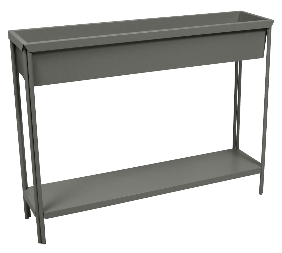 Grauer Terrazza Blumenkasten von Fermob mit minimalistischem Design und zusätzlicher Ablage für den Außenbereich.