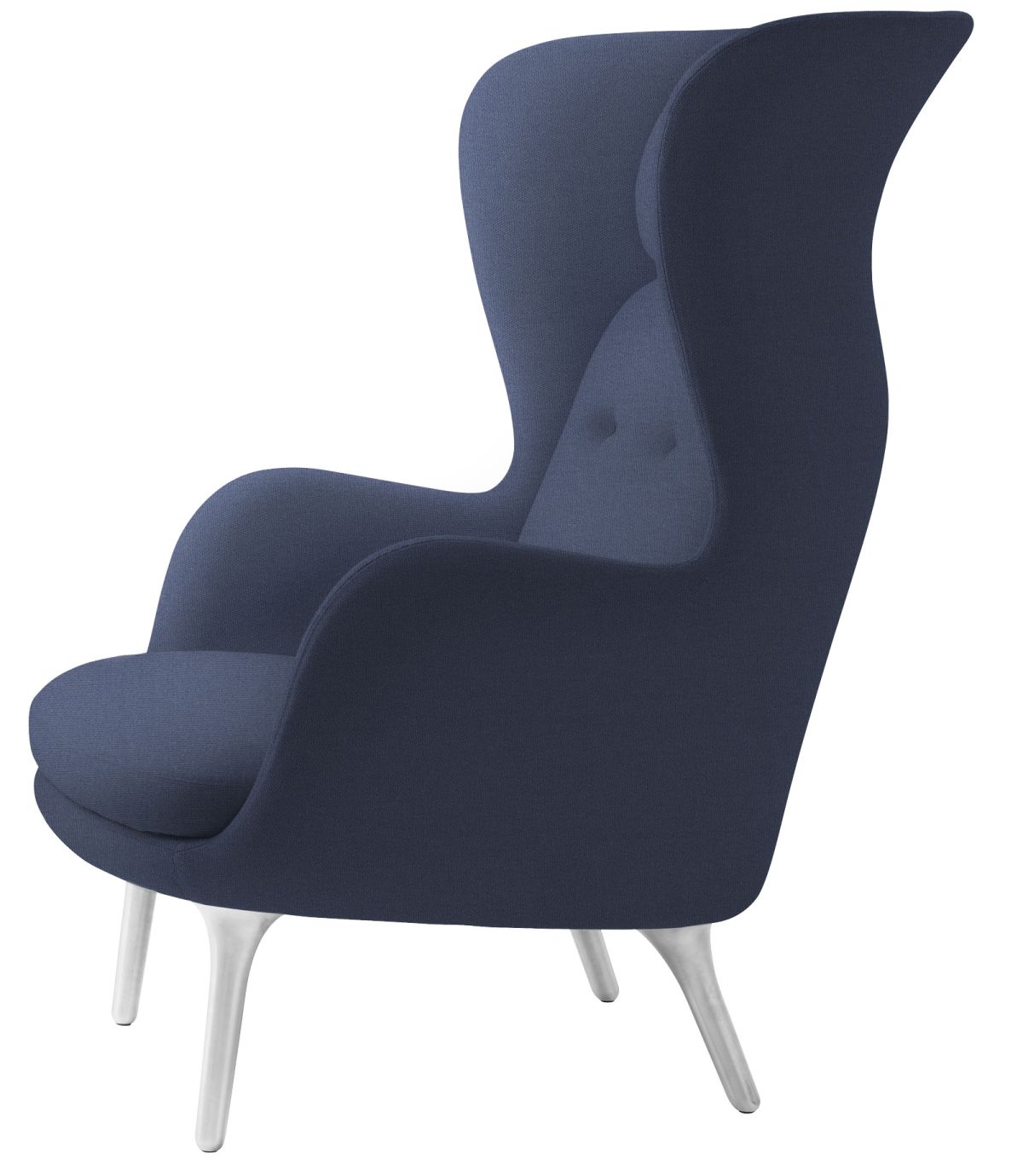 Blauer Ro Sessel von Fritz Hansen mit hoher Rückenlehne und Aluminiumfuß, seitliche Ansicht.