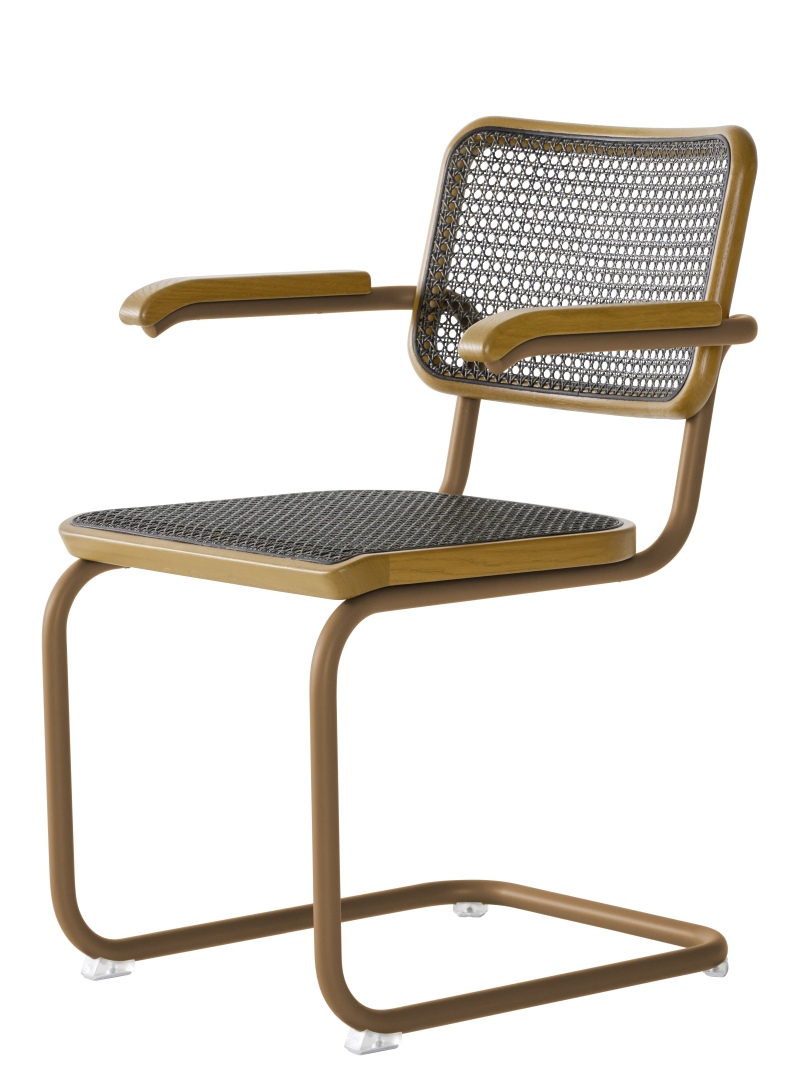 S 64 V Thonet Freischwinger Stuhl mit Stahlrohrgestell, Holzarmlehnen und Wiener Geflecht, seitliche Ansicht.