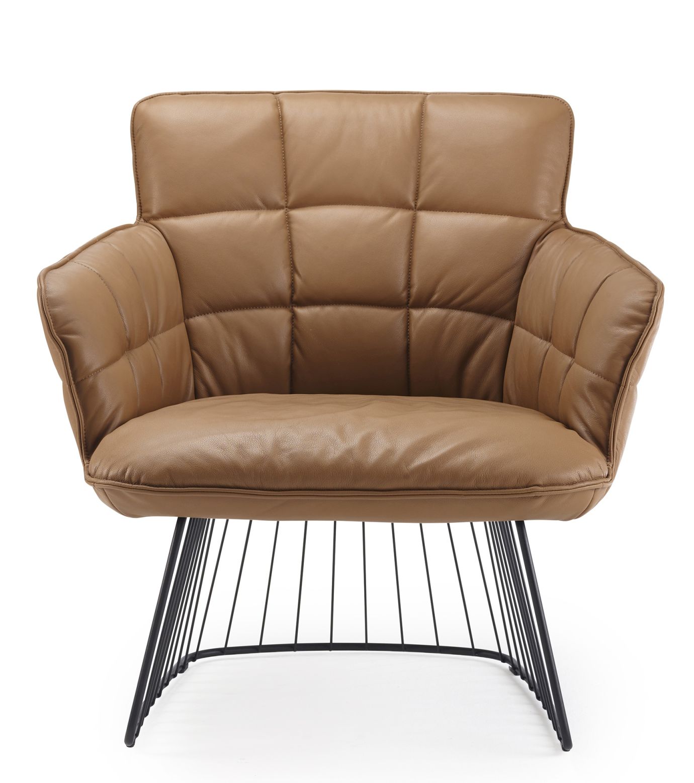 Marla Easy Chair Sessel in braunem Leder mit schwarzem Drahtgestell, Freifrau Manufaktur.