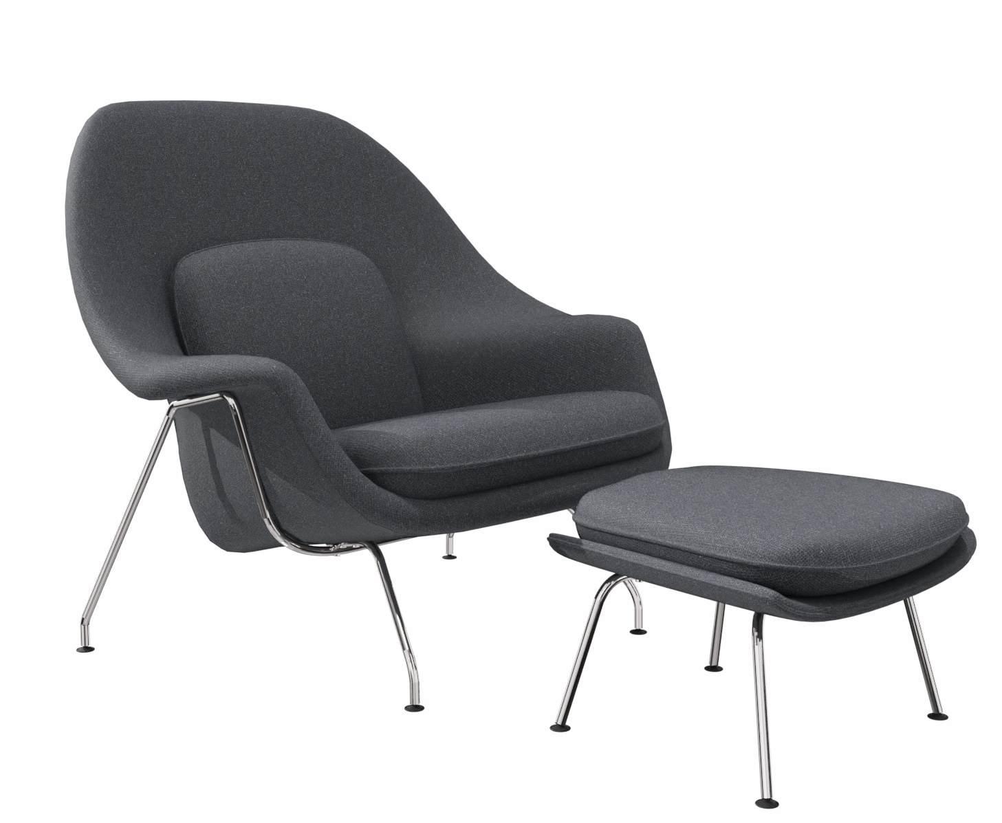 Grauer Womb Chair Sessel mit Fußhocker von Knoll International, moderner Loungesessel mit Chromgestell.