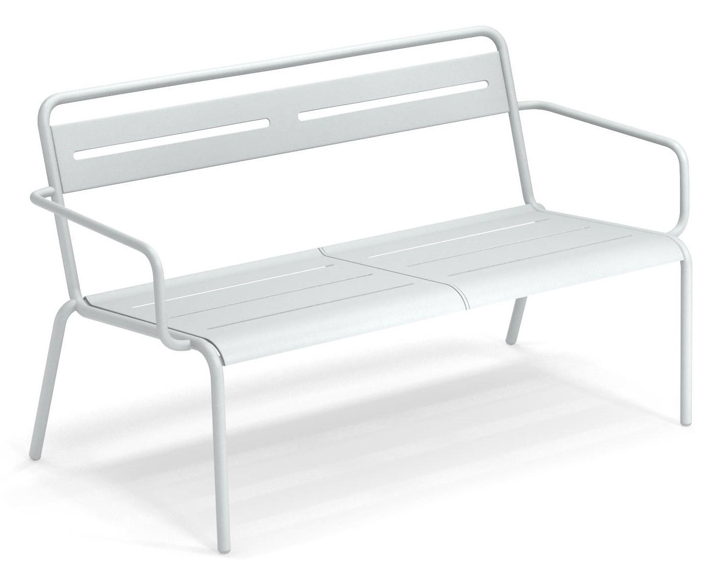 Weiße Emu Star Gartenbank für den Außenbereich, modernes Design mit Armlehnen und Stahlgestell.