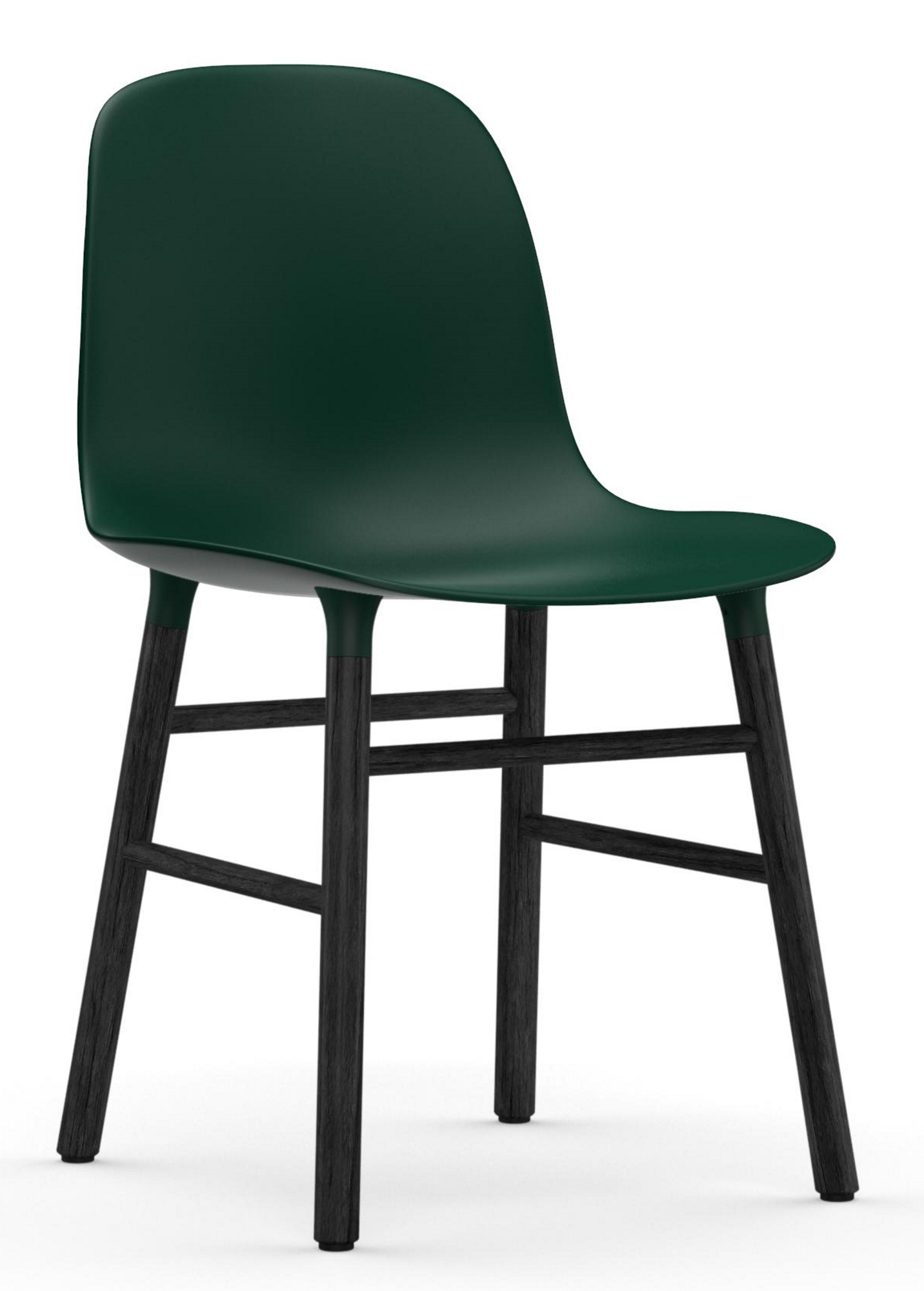 Normann Copenhagen Form Chair Stuhl, dunkelgrüne Sitzschale mit schwarzem Holzgestell, modernes Möbeldesign für Esszimmer und Wohnbereich.