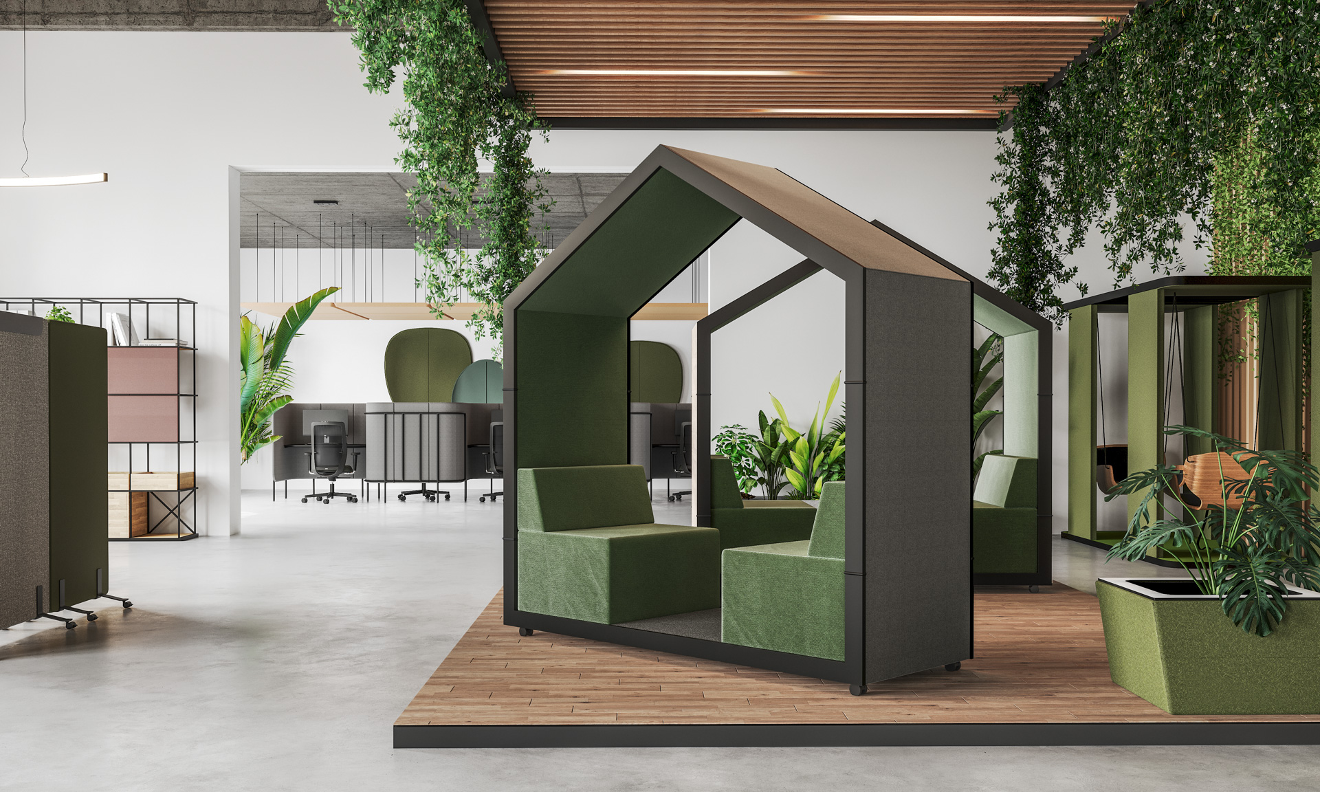 treehouse TH 2 Akustikmöbel von Bejot für zwei Personen im modernen Büro mit Pflanzen.