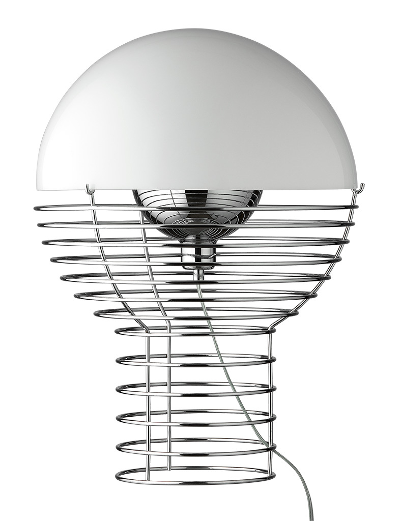 Verpan Wire Large Tischleuchte mit weißem Schirm und verchromtem Drahtgestell, moderne Designerlampe für Wohnzimmer und Schlafzimmer.