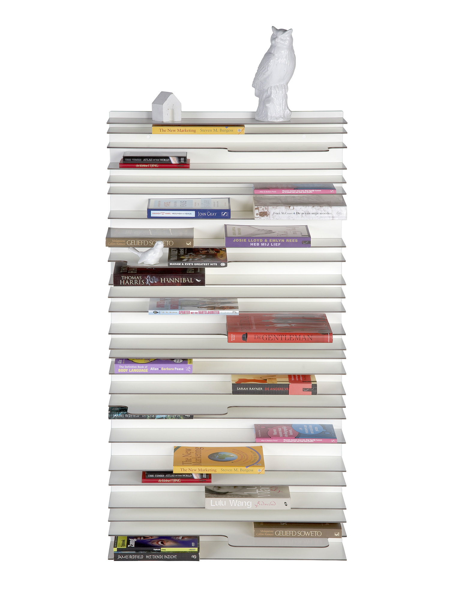 Weißes Paperback Bücherregal Spectrum mit vielen Büchern und dekorativen Objekten, modernes Wandregal.