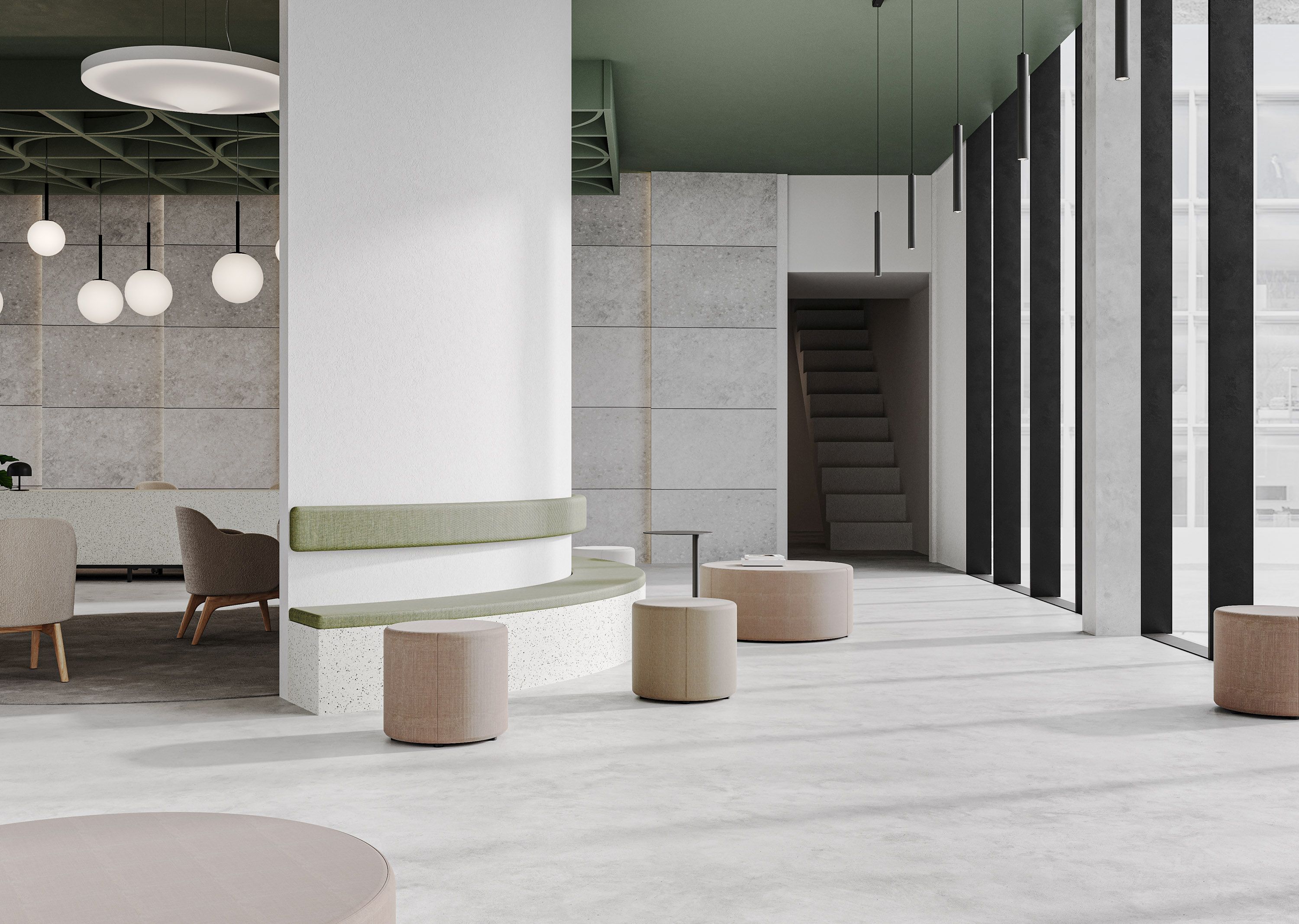 Bejot point POP R 450 Pouf Sitzhocker in Beige im modernen Büro-Loungebereich, flexible Sitzmöbel mit Rollen.
