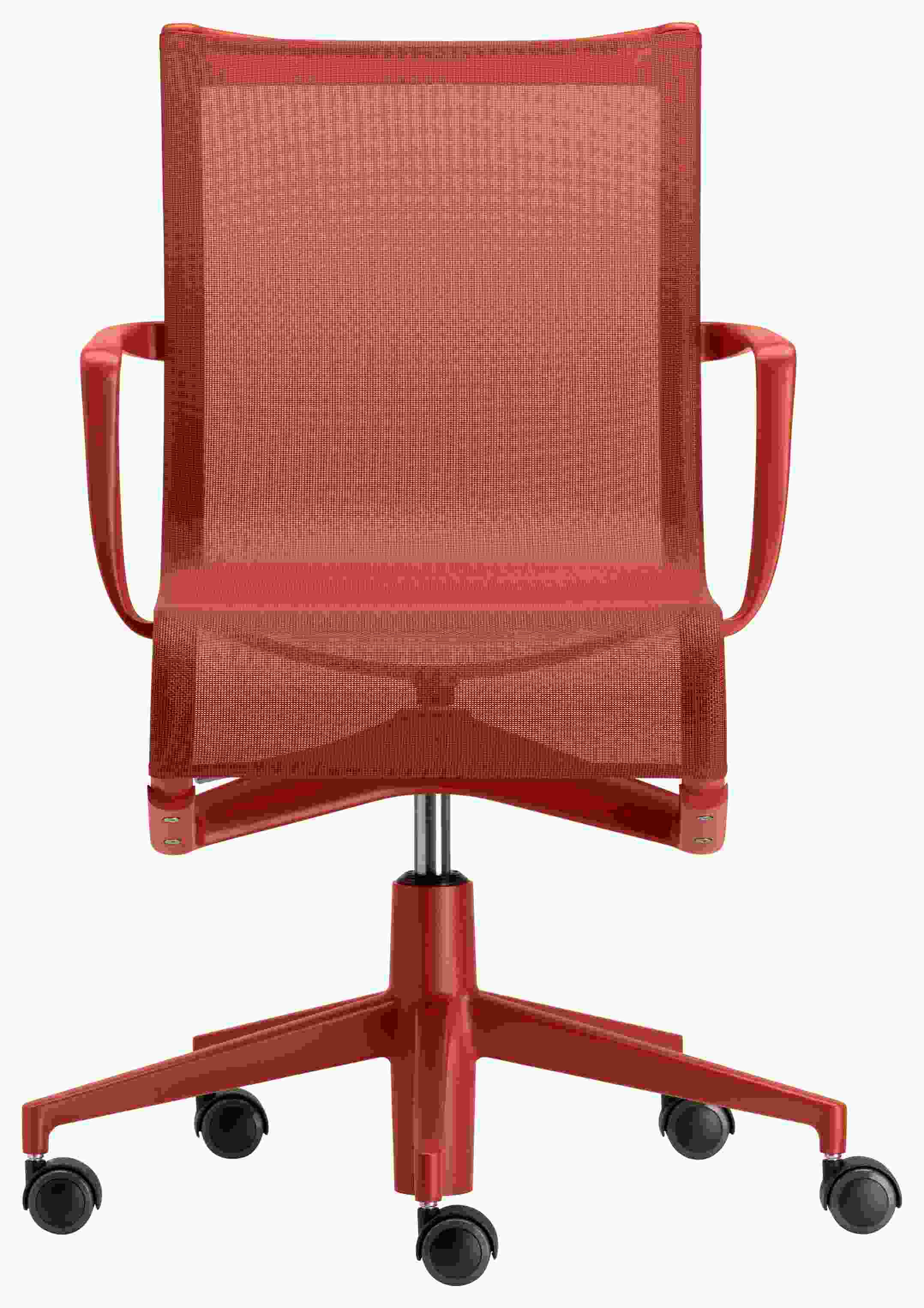 Rollingframe Bürodrehstuhl in Rot mit Armlehnen und Netzstoff-Bezug, ergonomischer Bürostuhl für modernes Büro.