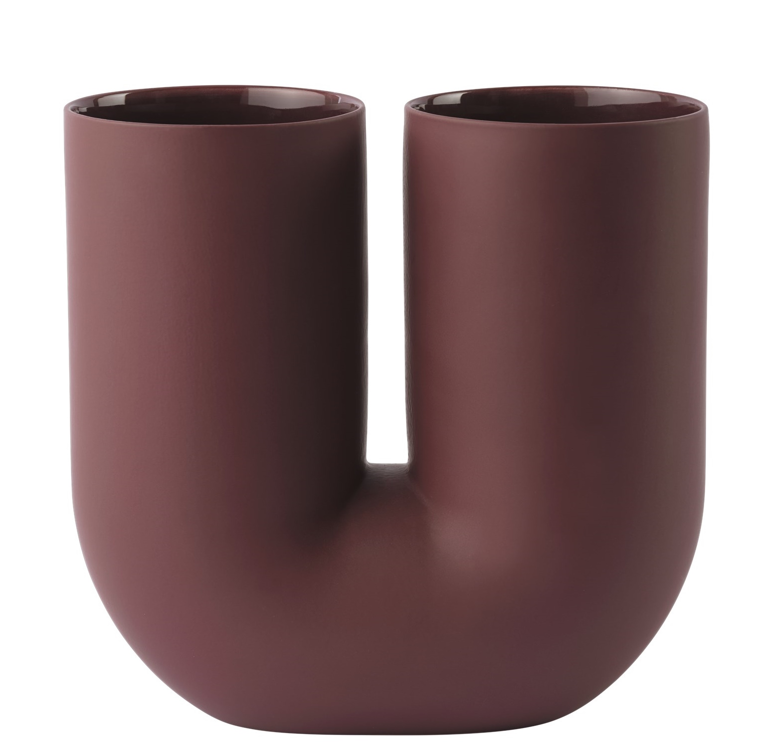 Muuto Kink Vase in Tiefrot: Moderne Keramikvase mit zwei Öffnungen und ungewöhnlicher U-Form.