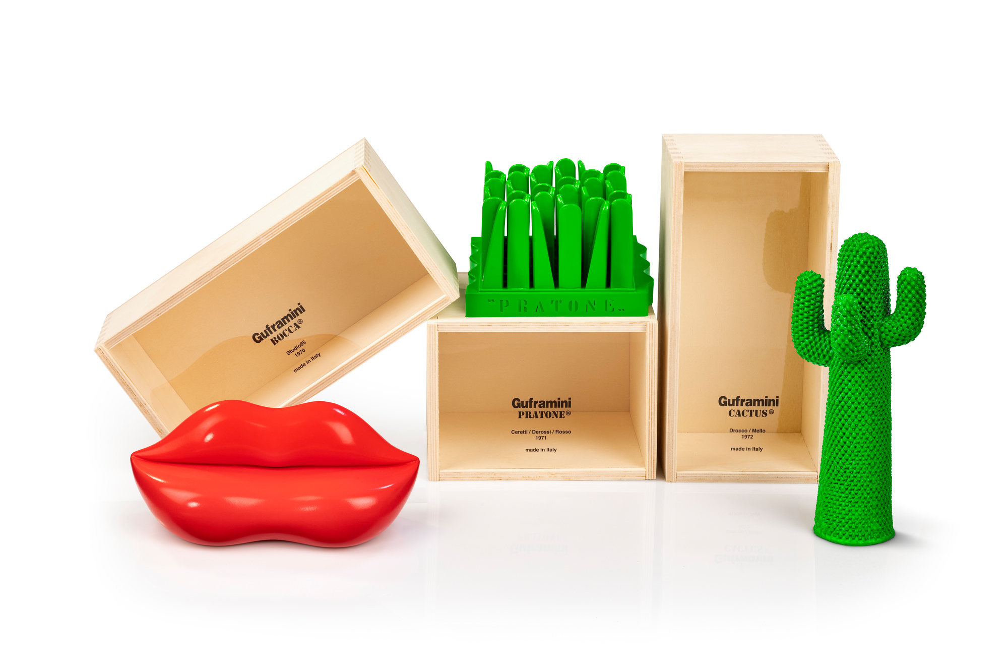 Guframini Miniatur-Skulpturen Set: Pratone, Bocca und Cactus in ihren Holzkisten, modernes Designobjekt.