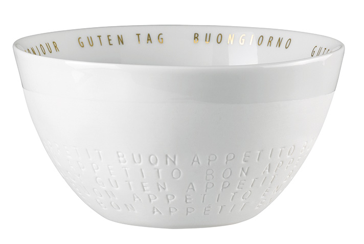 Weiße Schüssel aus dem "Guten Appetit" 3er Set von Räder, mit goldenen und geprägten Schriftzügen.