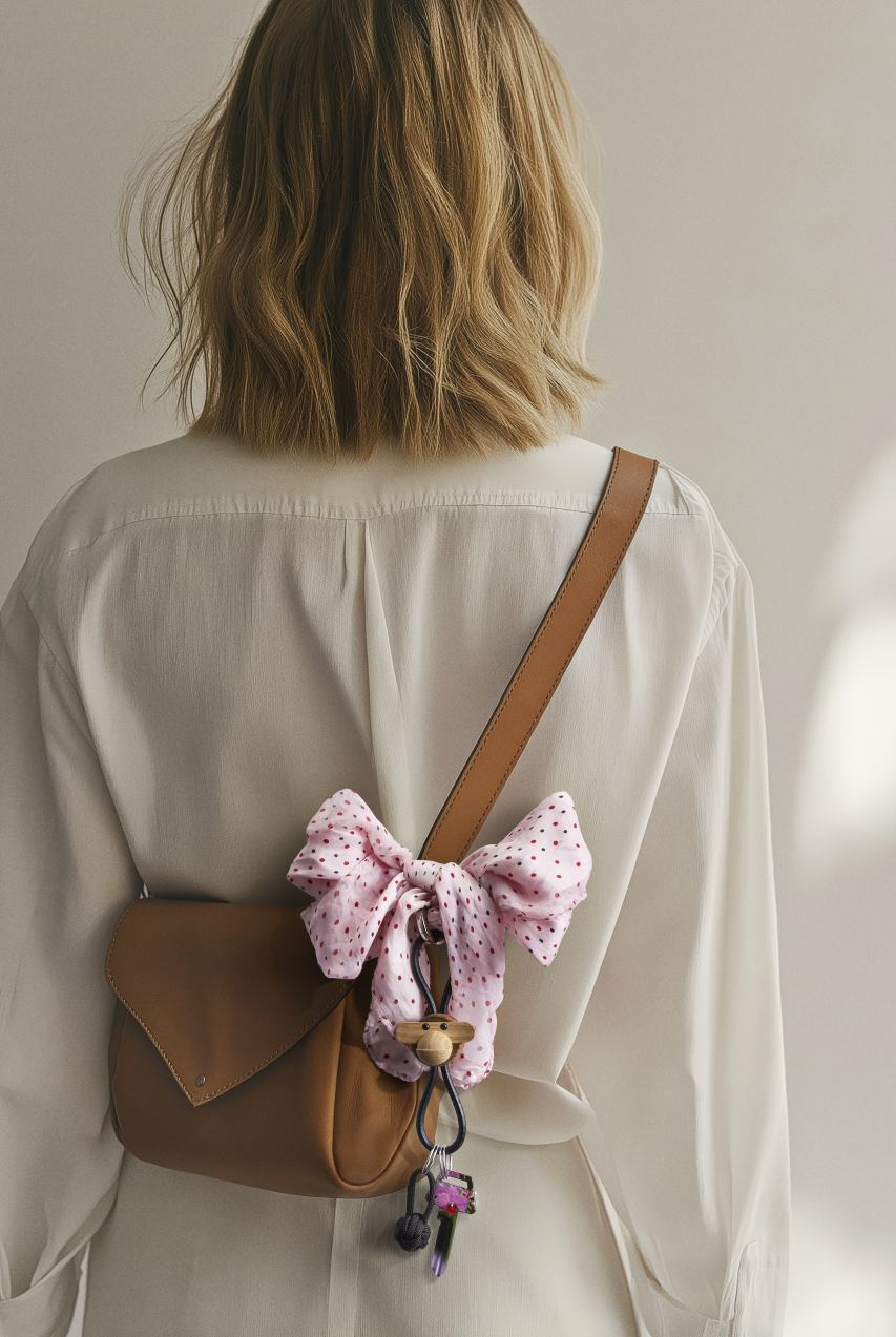 Kay Bojesen Affe Schlüsselanhänger aus Holz an brauner Ledertasche mit Schleife.