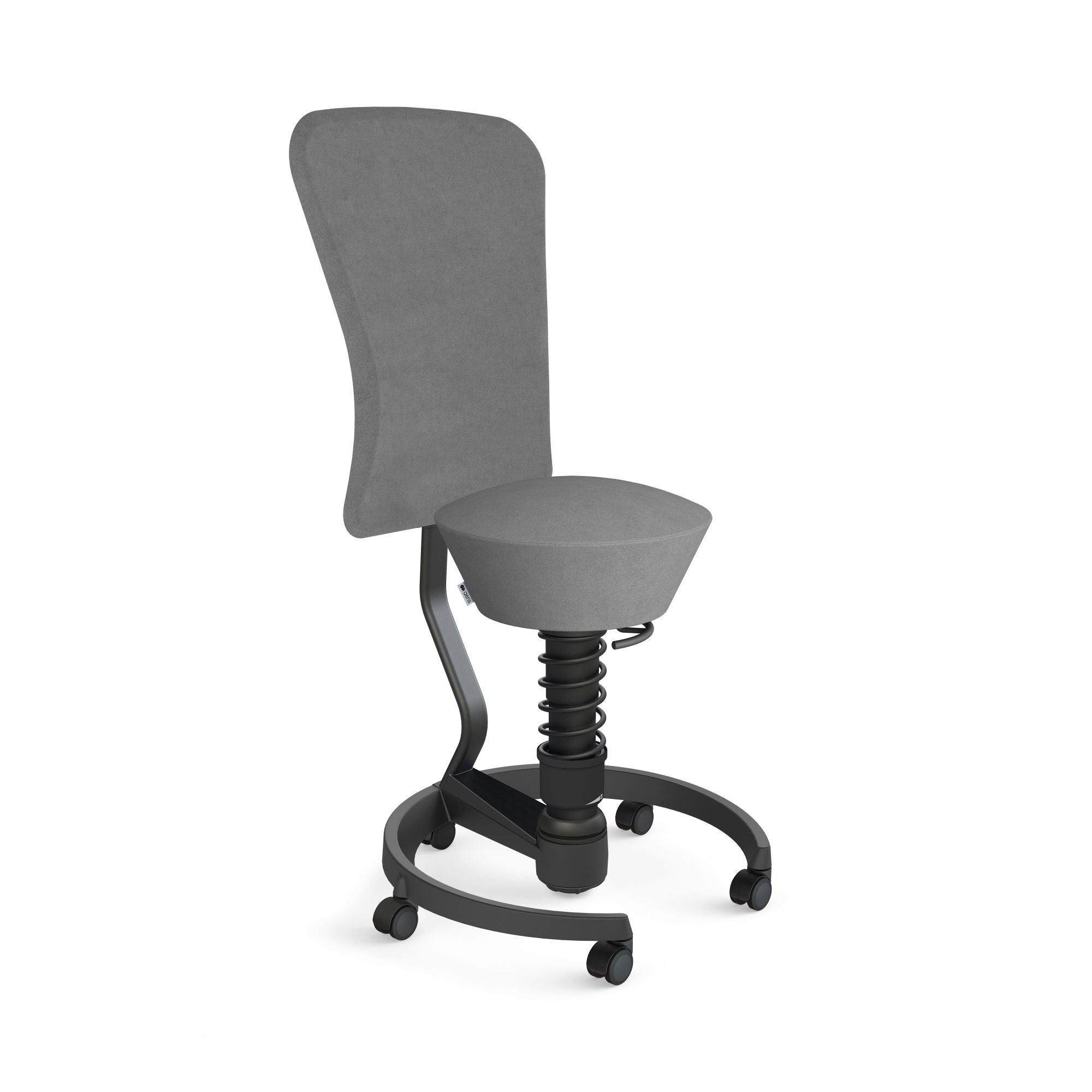 Grauer Swopper Bürostuhl mit Rückenlehne und Federung für ergonomisches Sitzen im Büro.